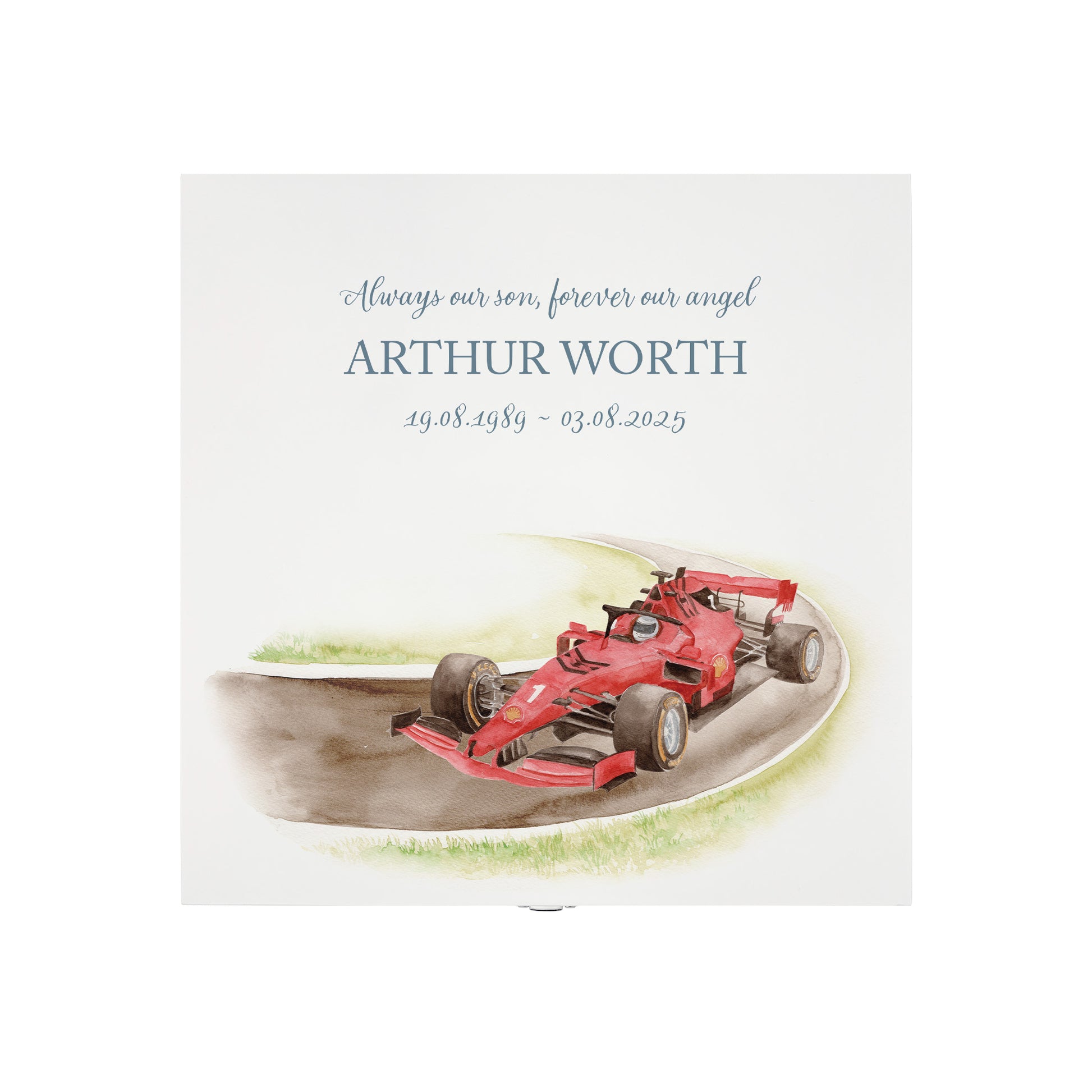 White Square personalised Wooden box with a decorative lid featuring illustrations of a race car on a track, perfect for Dad, Grandad, brother, son "Gone Racing" memorial Perfect funeral memory keepsake box, for storing ashes, order of service, flowers and capturing your loved ones things in one place.