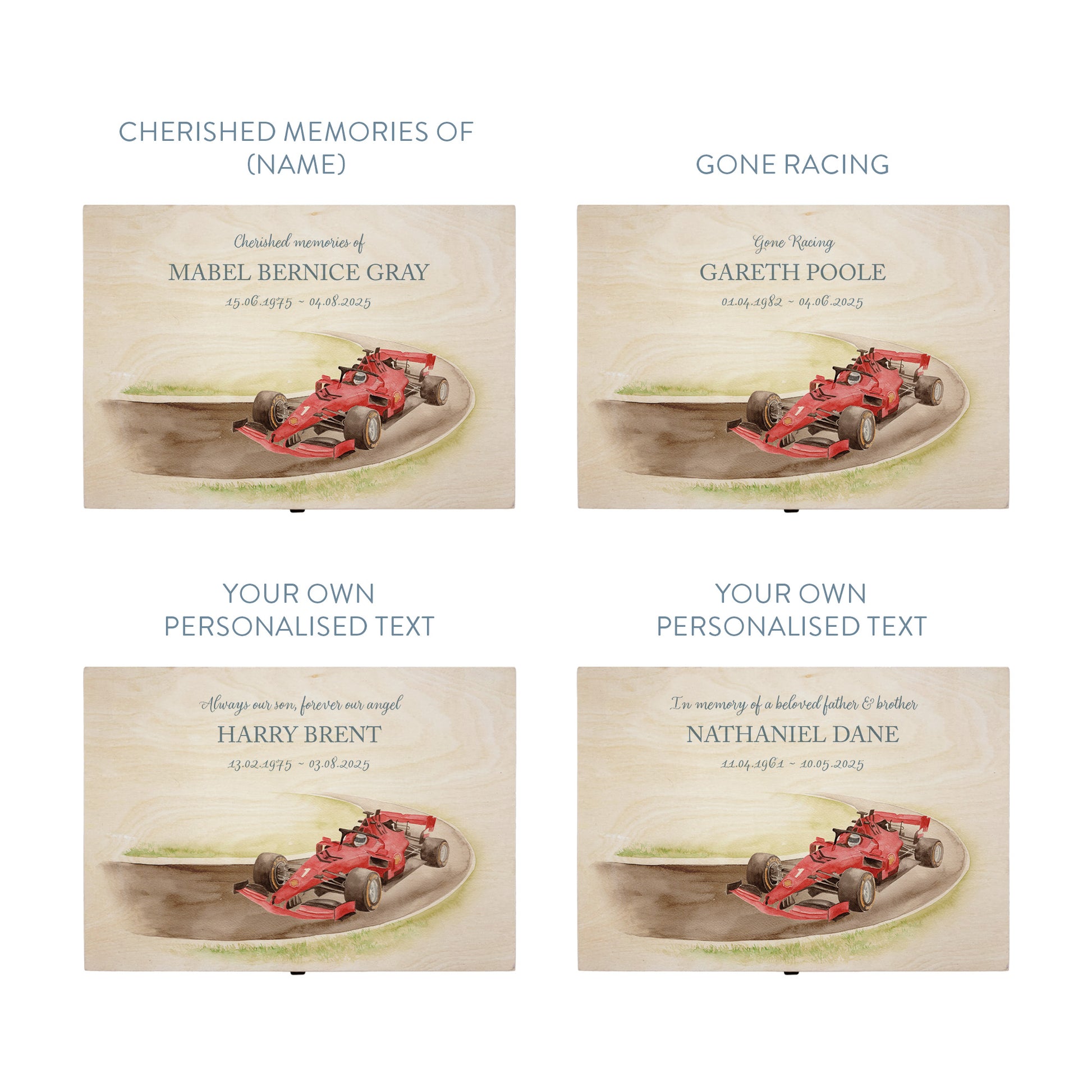 Wooden box with a decorative lid featuring illustrations of a Race Car on a track, perfect for Dad, Son, Brother and Grandad, "Gone Racing" Perfect funeral memory keepsake box, for storing ashes, order of service, flowers. capturing your loved ones favourite hobby