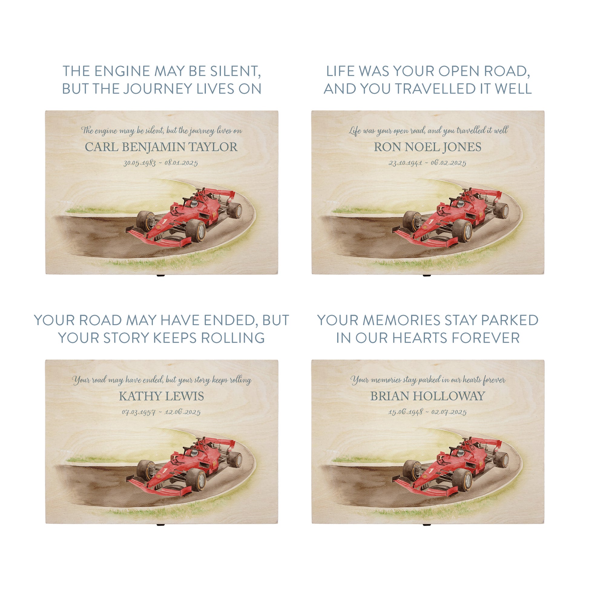 Wooden box with a decorative lid featuring illustrations of a Race Car on a track, perfect for Dad, Son, Brother and Grandad, "Gone Racing" Perfect funeral memory keepsake box, for storing ashes, order of service, flowers. capturing your loved ones favourite hobby