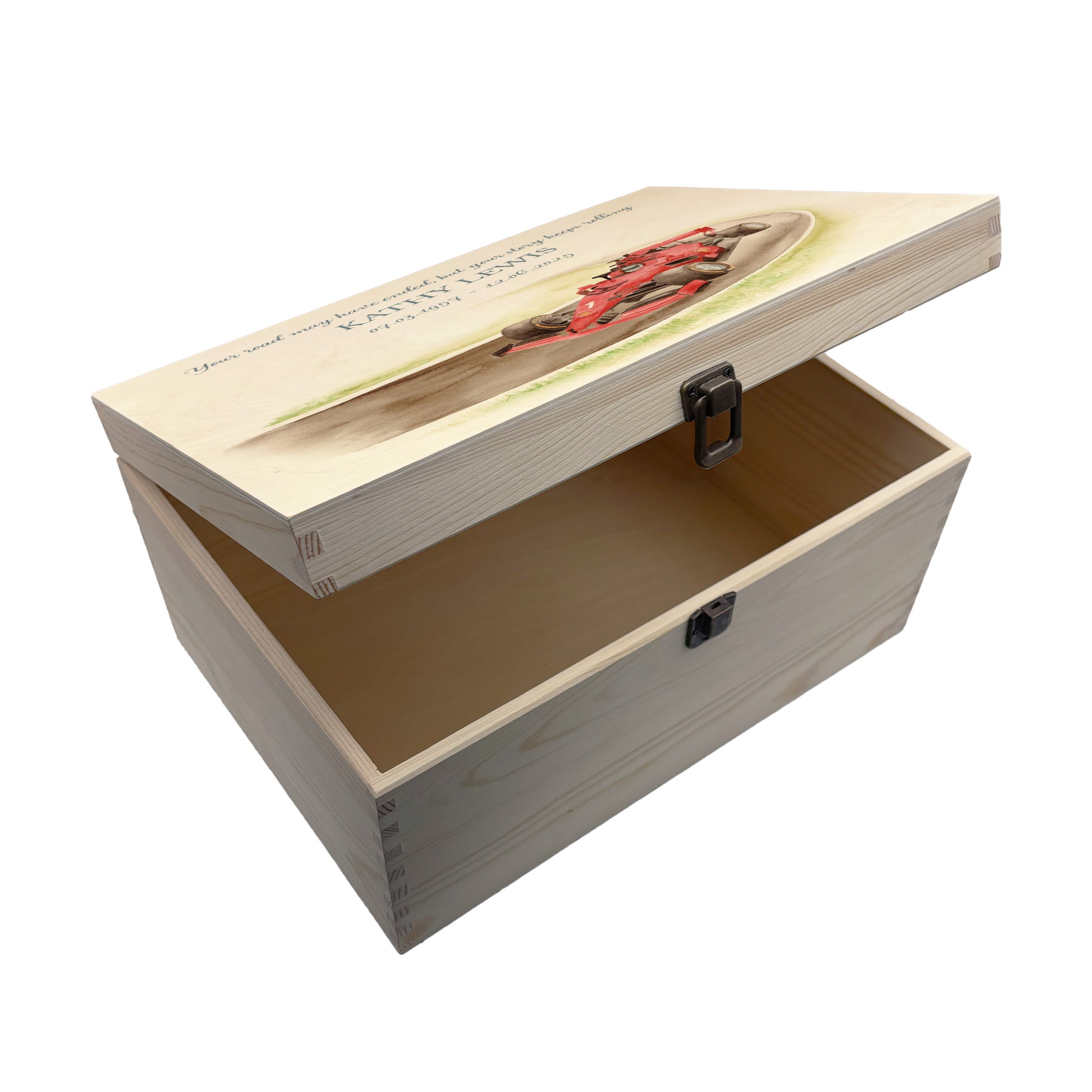 Wooden box with a decorative lid featuring illustrations of a Race Car on a track, perfect for Dad, Son, Brother and Grandad, "Gone Racing" Perfect funeral memory keepsake box, for storing ashes, order of service, flowers. capturing your loved ones favourite hobby