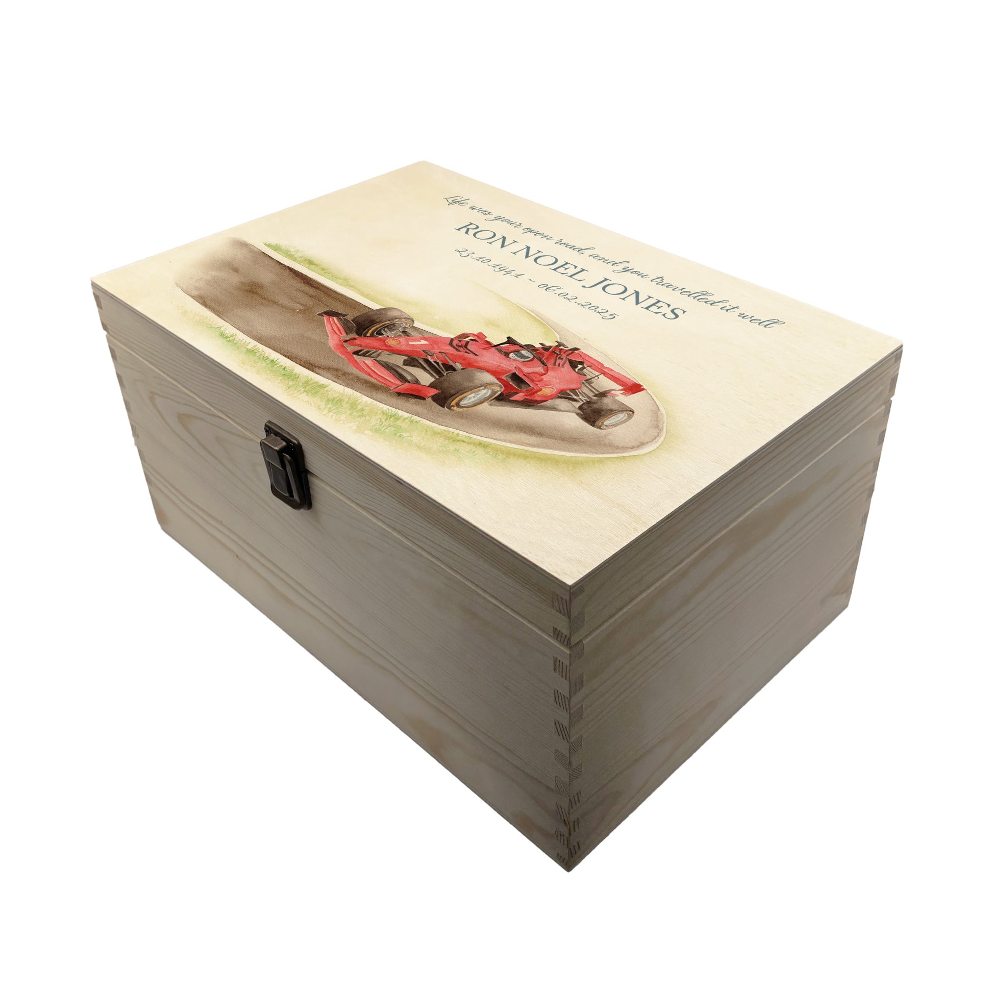 Wooden box with a decorative lid featuring illustrations of a Race Car on a track, perfect for Dad, Son, Brother and Grandad, "Gone Racing" Perfect funeral memory keepsake box, for storing ashes, order of service, flowers. capturing your loved ones favourite hobby