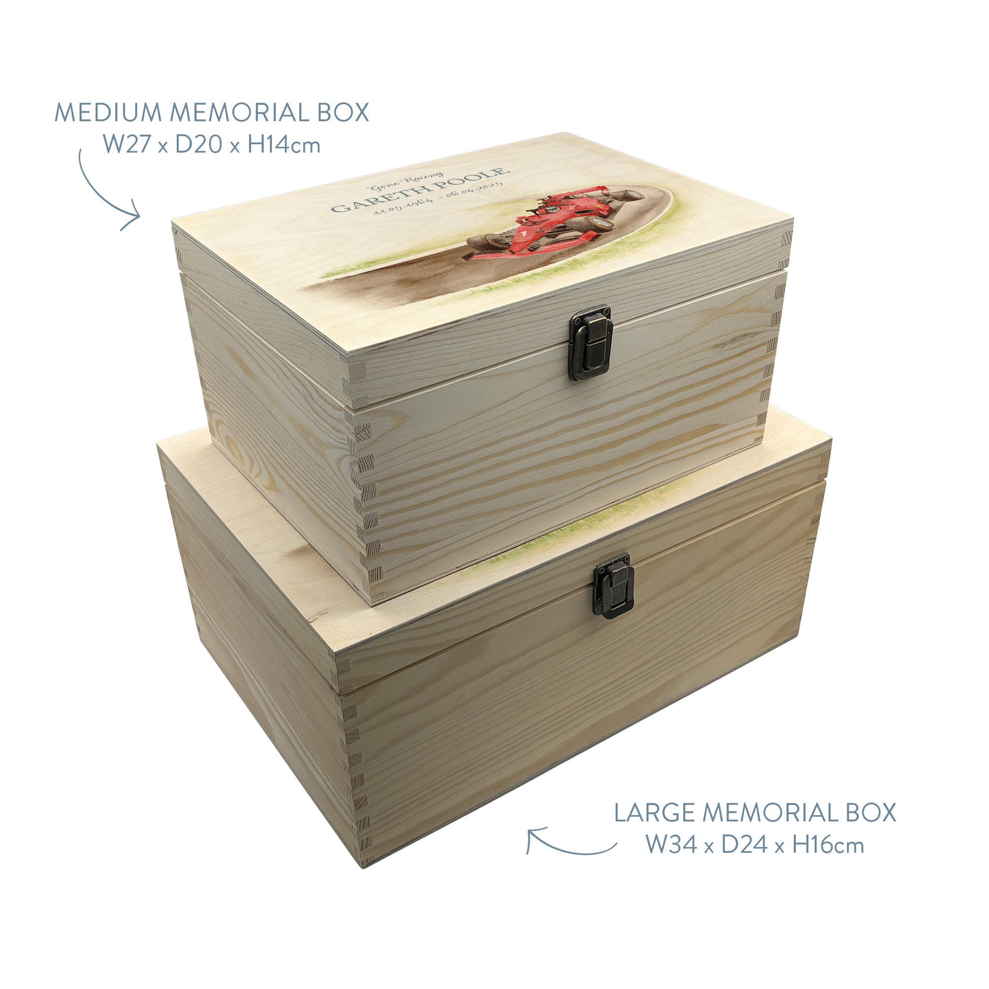 Wooden box with a decorative lid featuring illustrations of a Race Car on a track, perfect for Dad, Son, Brother and Grandad, "Gone Racing" Perfect funeral memory keepsake box, for storing ashes, order of service, flowers. capturing your loved ones favourite hobby