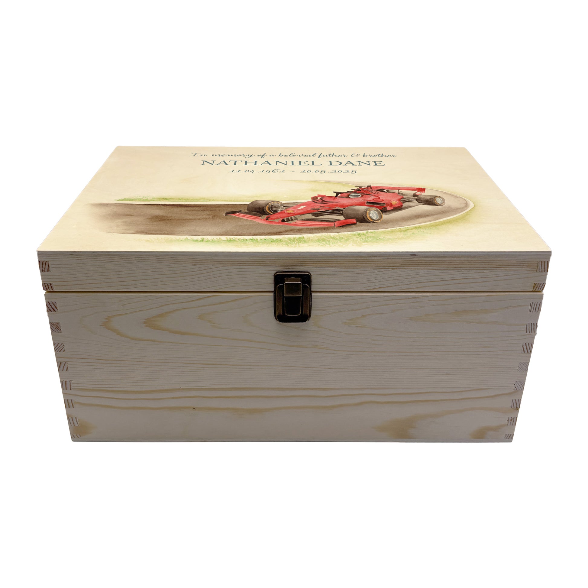 Wooden box with a decorative lid featuring illustrations of a Race Car on a track, perfect for Dad, Son, Brother and Grandad, "Gone Racing" Perfect funeral memory keepsake box, for storing ashes, order of service, flowers. capturing your loved ones favourite hobby