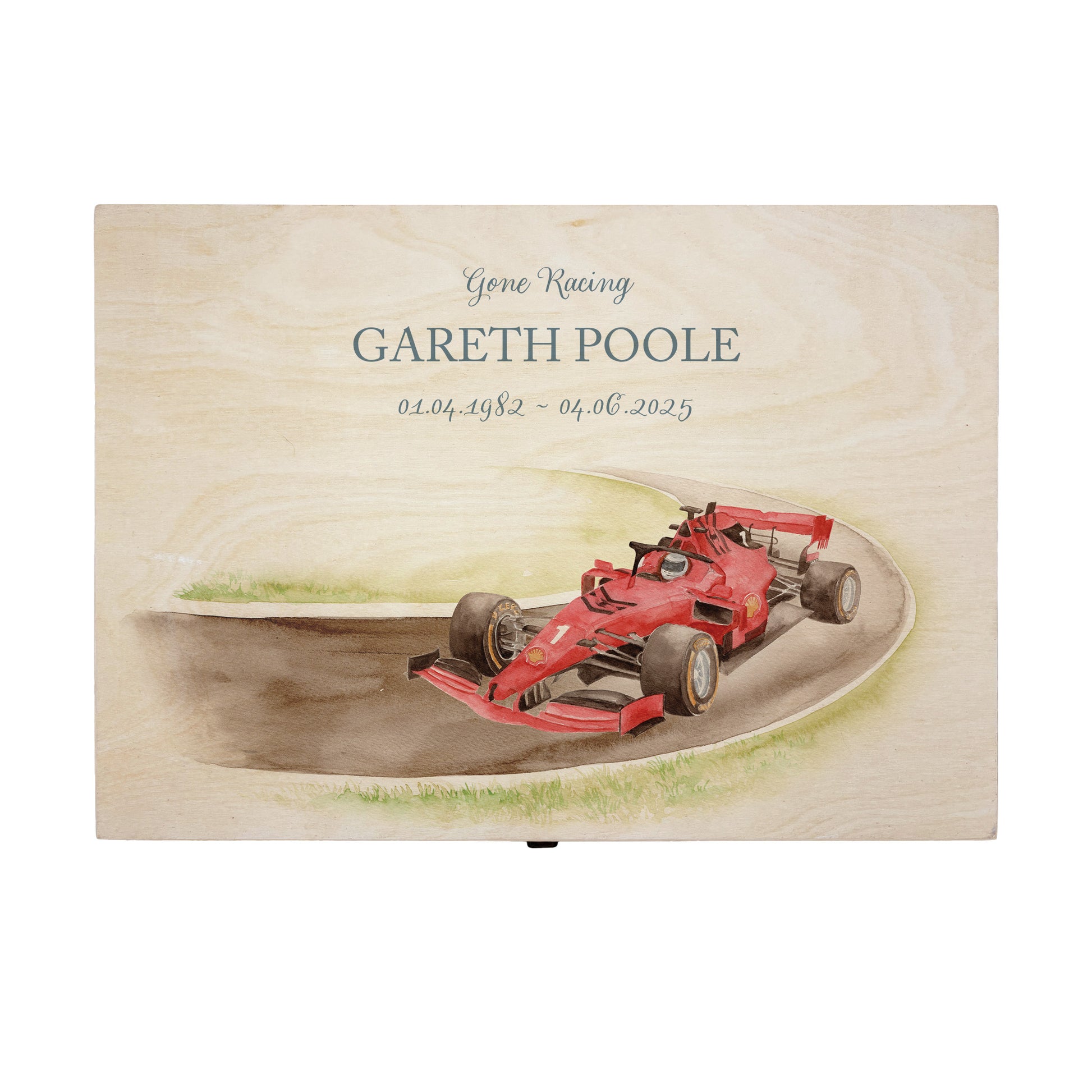 Wooden box with a decorative lid featuring illustrations of a Race Car on a track, perfect for Dad, Son, Brother and Grandad, "Gone Racing" Perfect funeral memory keepsake box, for storing ashes, order of service, flowers. capturing your loved ones favourite hobby