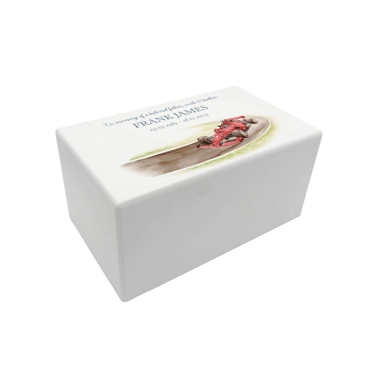 A beautifully crafted solid wooden urn, finished in white with a soft watercolour design for The Race car addict someone who was a petrol head and loved his cars, Thoughtfully made for either display or burial, this personalised urn can be customised to create a meaningful memorial. Perfect for holding ashes of a loved one or a beloved pet, it serves as a comforting tribute and keepsake.