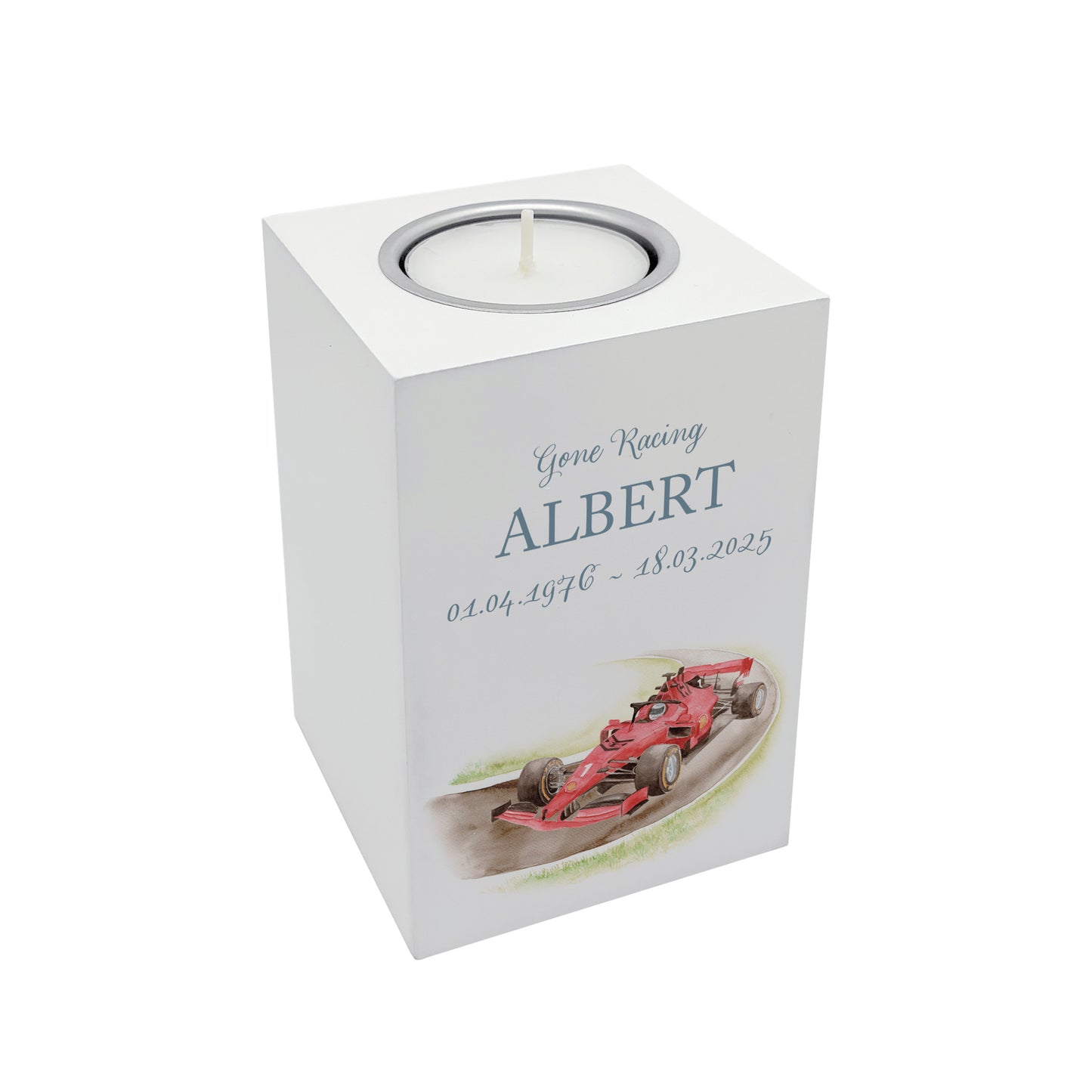 wooden cuboid luxury tealight holder with gorgeous personalised options . Each product is lovingly designed, handmade with our Countryside inspired watercolour designs. This design features a Race Car on a race track, perfect for Brother, Dad, Son or Grandad. unique designs to remember a loved on, great for memorial occasions