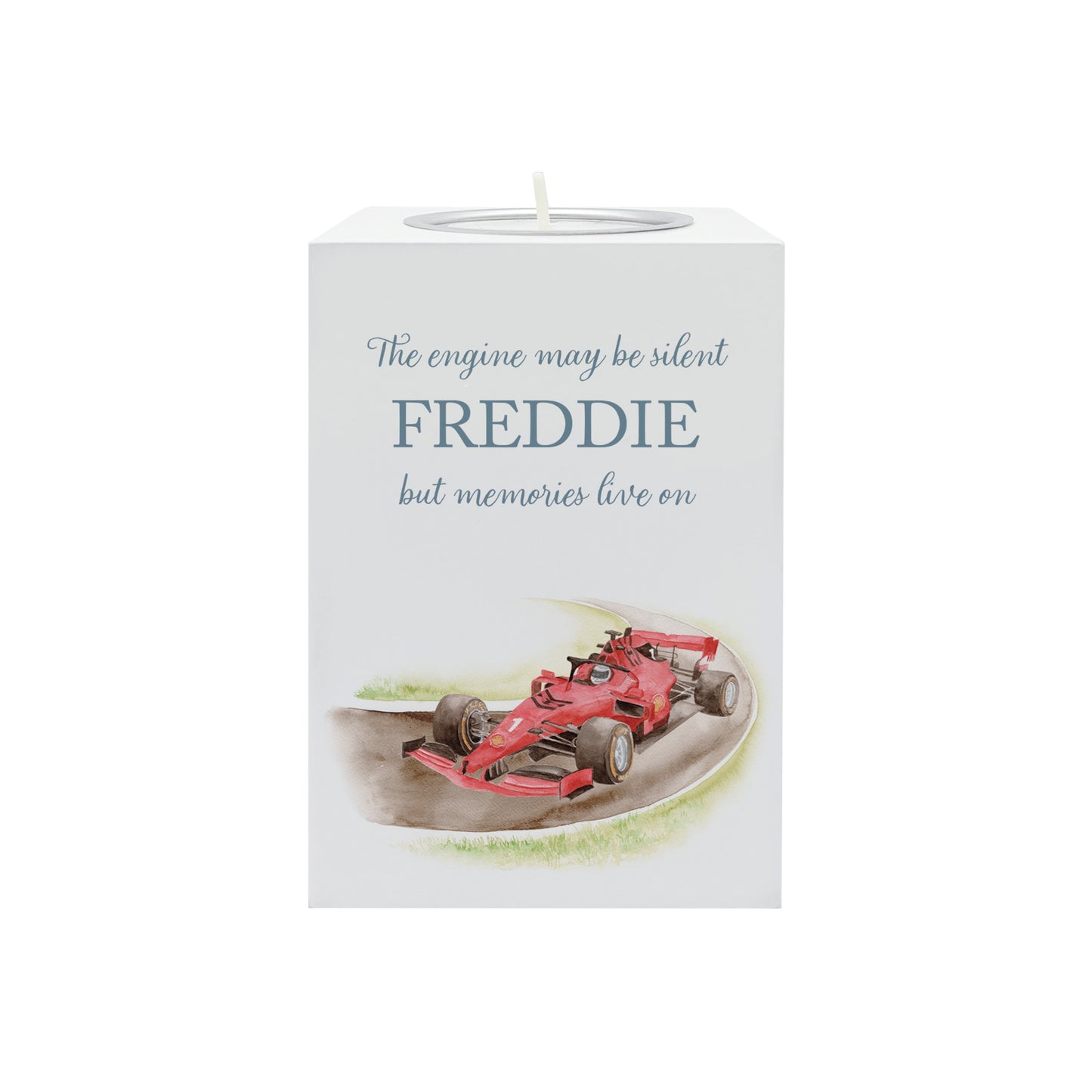 wooden cuboid luxury tealight holder with gorgeous personalised options . Each product is lovingly designed, handmade with our Countryside inspired watercolour designs. This design features a Race Car on a race track, perfect for Brother, Dad, Son or Grandad. unique designs to remember a loved on, great for memorial occasions