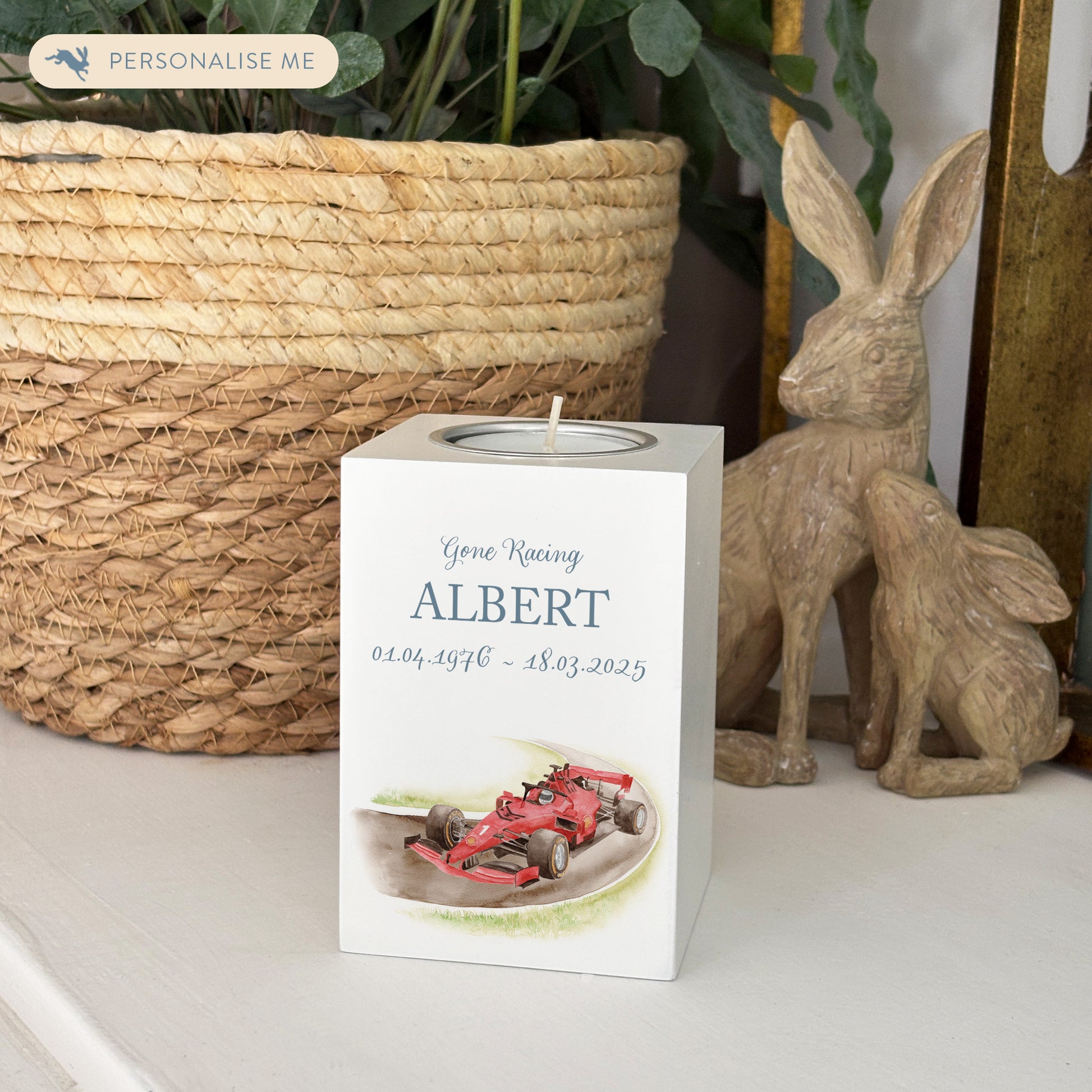 wooden cuboid luxury tealight holder with gorgeous personalised options . Each product is lovingly designed, handmade with our Countryside inspired watercolour designs. This design features a Race Car on a race track, perfect for Brother, Dad, Son or Grandad. unique designs to remember a loved on, great for memorial occasions