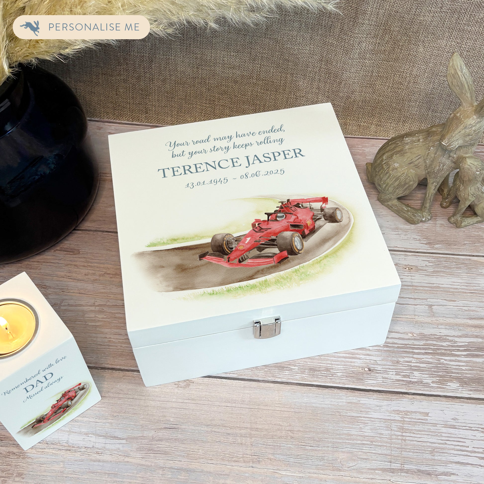 White Square personalised Wooden box with a decorative lid featuring illustrations of a race car on a track, perfect for Dad, Grandad, brother, son "Gone Racing" memorial Perfect funeral memory keepsake box, for storing ashes, order of service, flowers and capturing your loved ones things in one place.