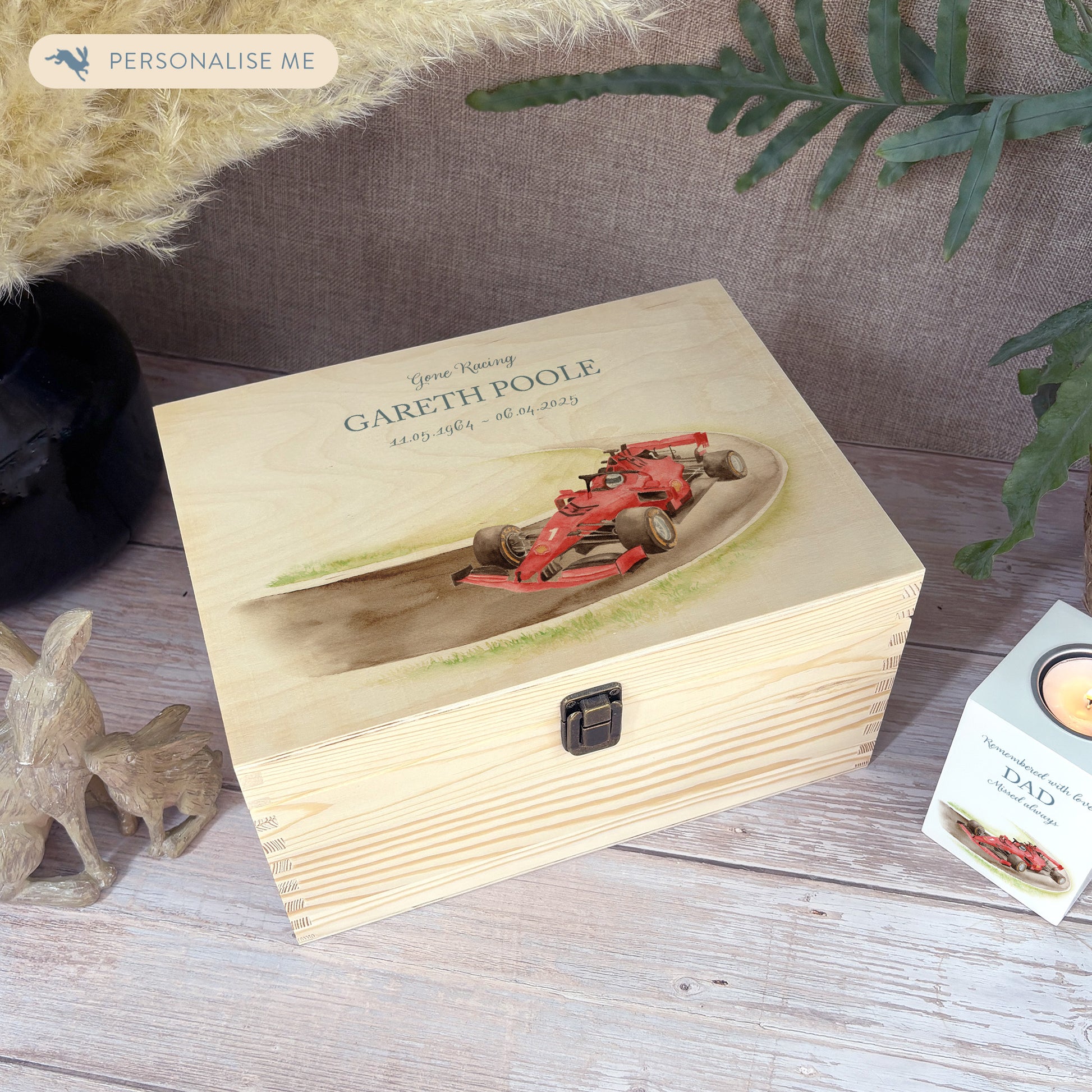 Wooden box with a decorative lid featuring illustrations of a Race Car on a track, perfect for Dad, Son, Brother and Grandad, "Gone Racing" Perfect funeral memory keepsake box, for storing ashes, order of service, flowers. capturing your loved ones favourite hobby