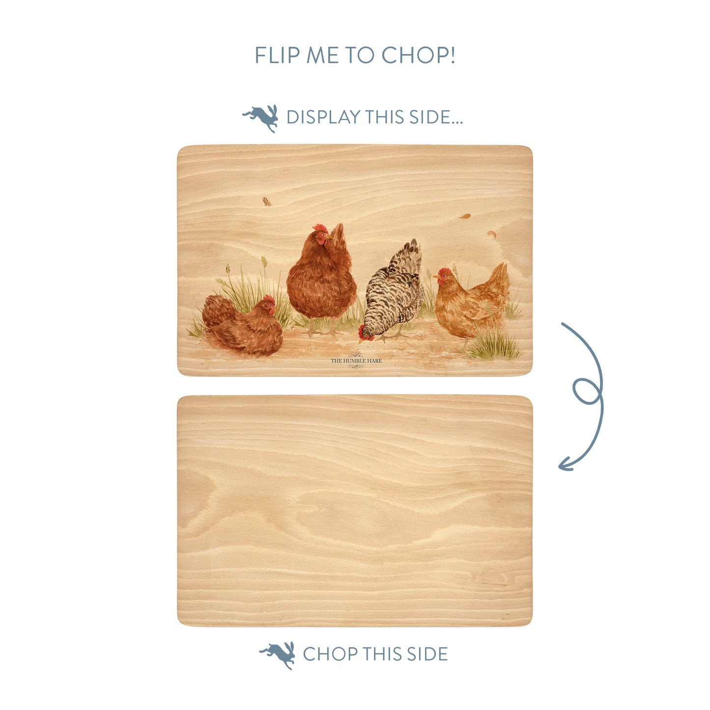 Handmade rectangular chopping board featuring a watercolour Stacey Solomon's Hens illustration, finished with blue ribbon.