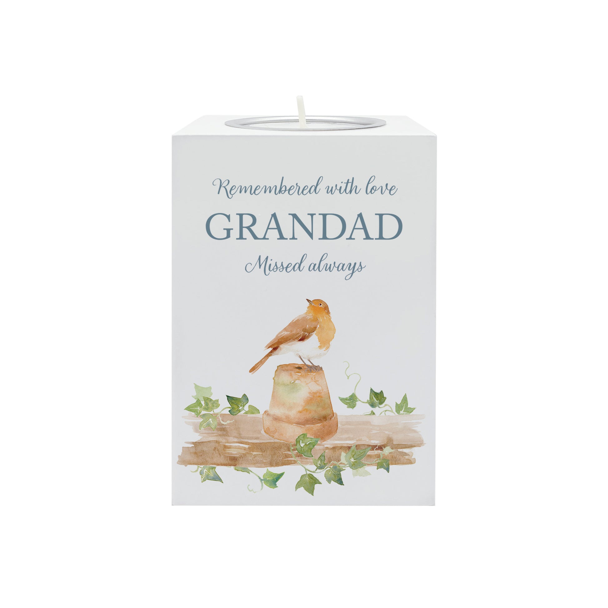 wooden cuboid luxury tealight holder with gorgeous personalised options . Each product is lovingly designed, handmade with our Countryside inspired watercolour designs. This design features a Robin sat on a pot,  unique designs to remember a loved on, great for memorial occasions. When a loved one is near a Robin shall appear.