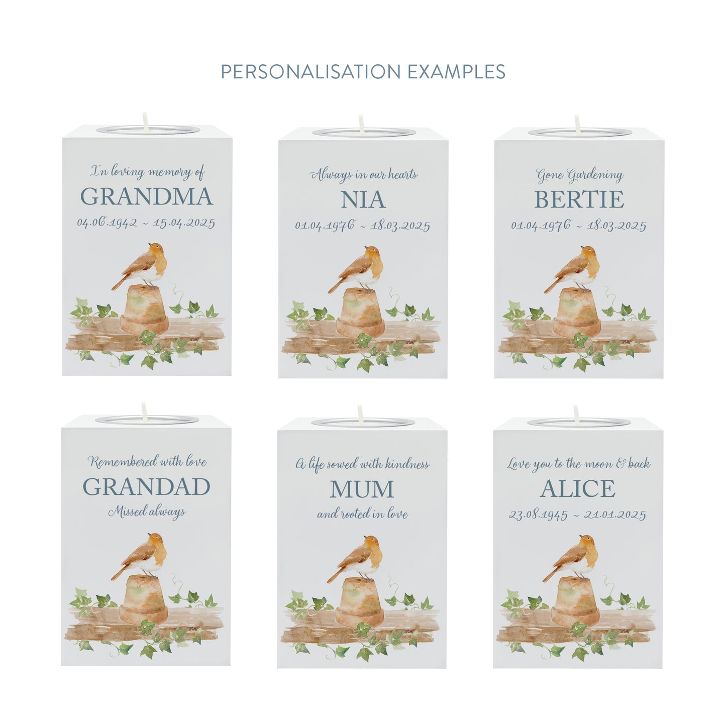 wooden cuboid luxury tealight holder with gorgeous personalised options . Each product is lovingly designed, handmade with our Countryside inspired watercolour designs. This design features a Robin sat on a pot, unique designs to remember a loved on, great for memorial occasions. When a loved one is near a Robin shall appear.