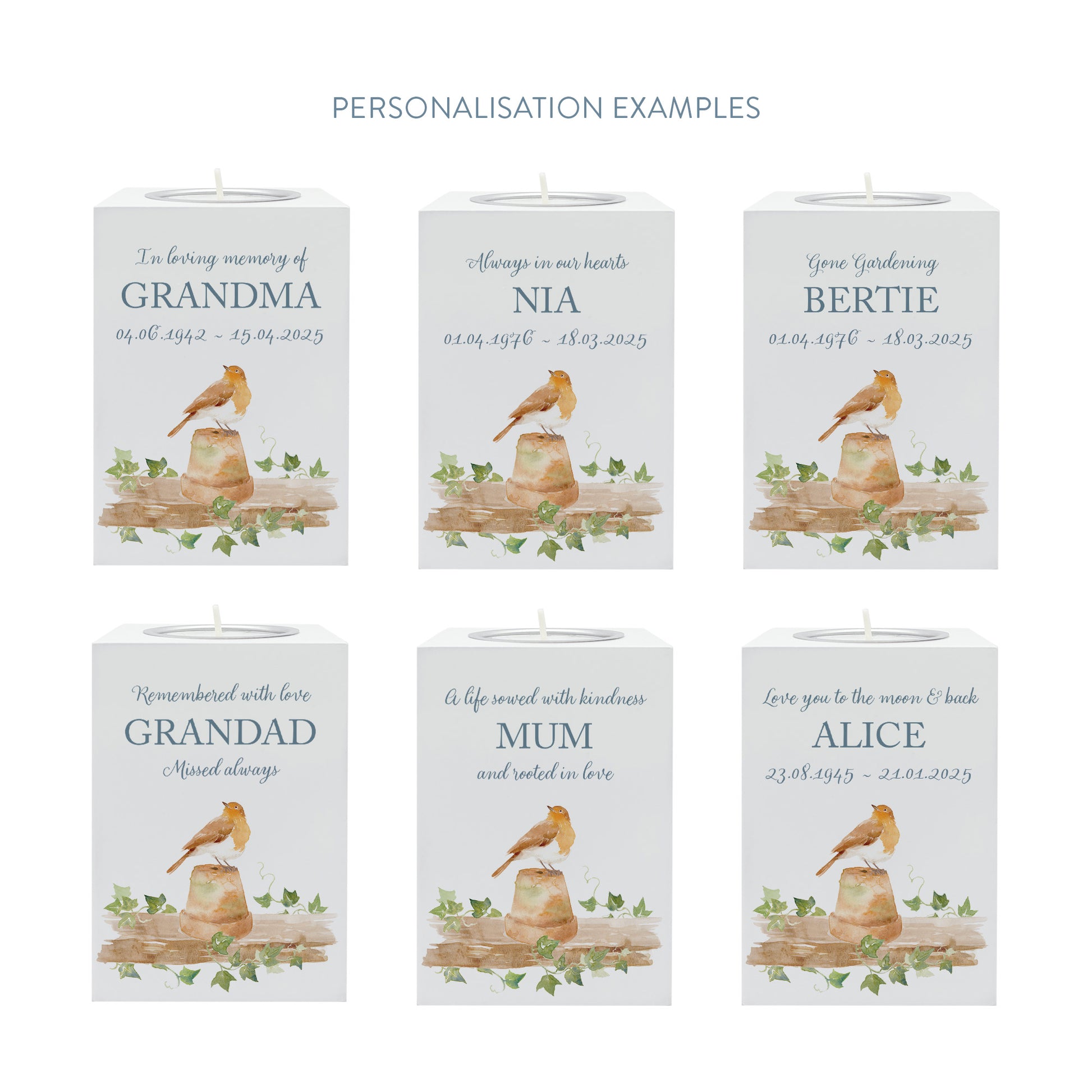 wooden cuboid luxury tealight holder with gorgeous personalised options . Each product is lovingly designed, handmade with our Countryside inspired watercolour designs. This design features a Robin sat on a pot,  unique designs to remember a loved on, great for memorial occasions. When a loved one is near a Robin shall appear.