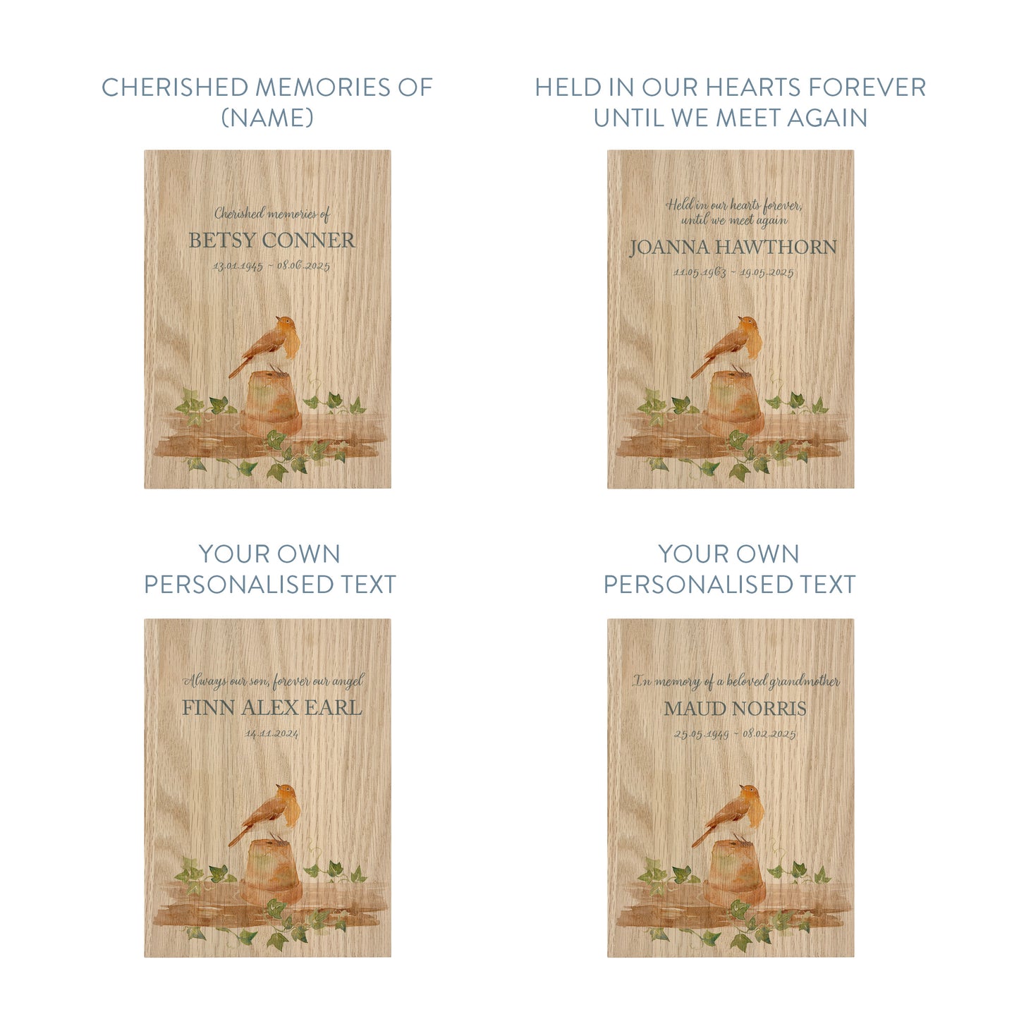 Memorial Solid Oak Photo Frame, personalise with your own message or select from our drop down selection. handmade watercolour paintings, this design features A Robin sat on a shelf, when Robins appear a loved one is near.