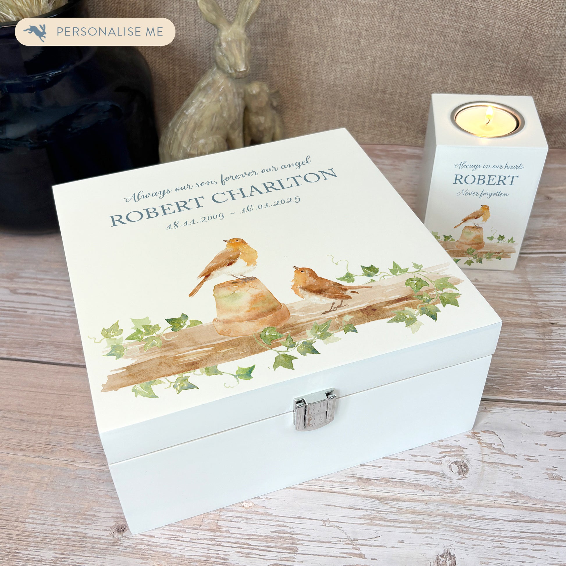 White Square personalised Wooden box with a decorative lid featuring illustrations of 2 Robins sat on a shelf perched on pots Perfect funeral memory keepsake box, for storing ashes, order of service, flowers and capturing your loved ones things in one place.
