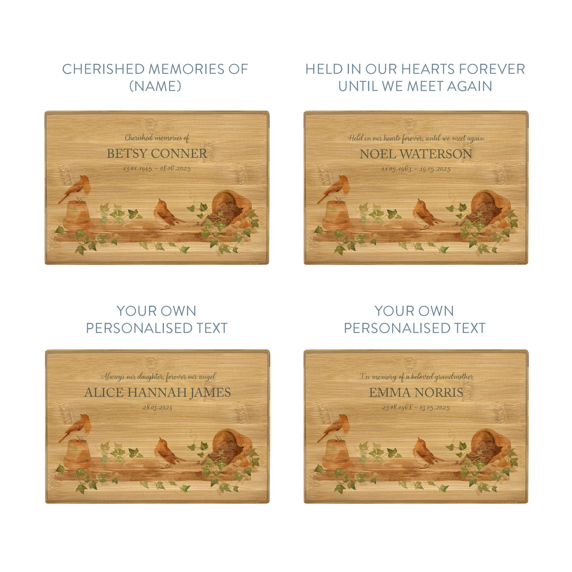 A beautifully crafted solid Bamboo wooden urn, personalised and finished with a soft watercolour design of Robins on a shelf sat on pots, when Robins appear a loved one is near. Thoughtfully made for either display or burial, this personalised urn can be customised to create a meaningful memorial. Perfect for holding ashes of a loved one or a beloved pet, it serves as a comforting tribute and keepsake.