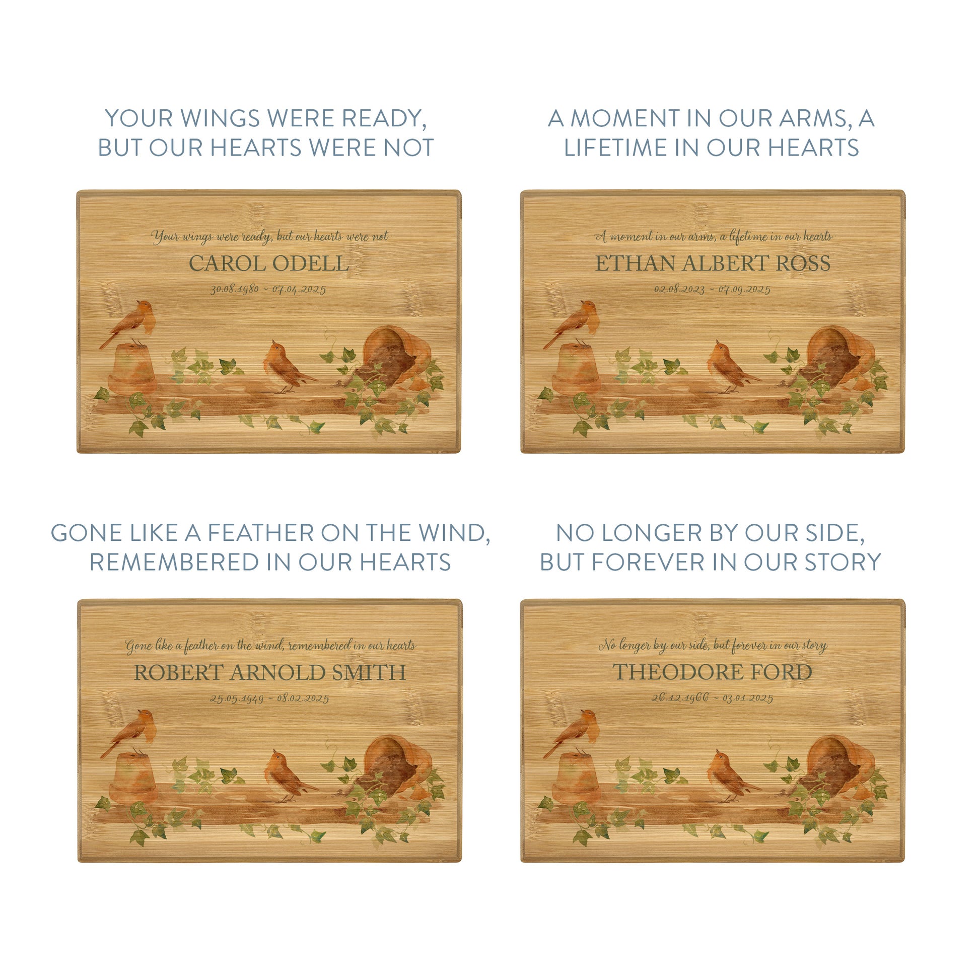 A beautifully crafted solid Bamboo wooden urn, personalised and finished with a soft watercolour design of Robins on a shelf sat on pots, when Robins appear a loved one is near. Thoughtfully made for either display or burial, this personalised urn can be customised to create a meaningful memorial. Perfect for holding ashes of a loved one or a beloved pet, it serves as a comforting tribute and keepsake.