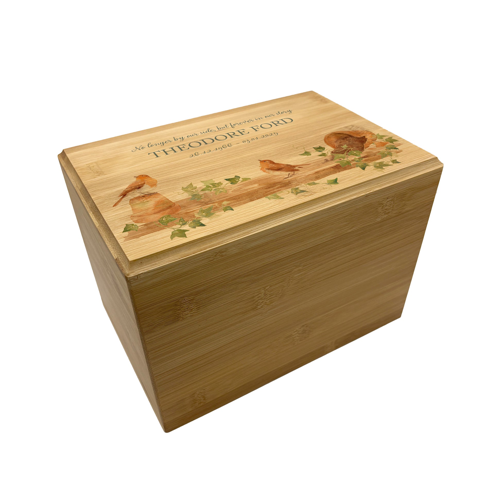 A beautifully crafted solid Bamboo wooden urn, personalised and finished with a soft watercolour design of Robins on a shelf sat on pots, when Robins appear a loved one is near. Thoughtfully made for either display or burial, this personalised urn can be customised to create a meaningful memorial. Perfect for holding ashes of a loved one or a beloved pet, it serves as a comforting tribute and keepsake.