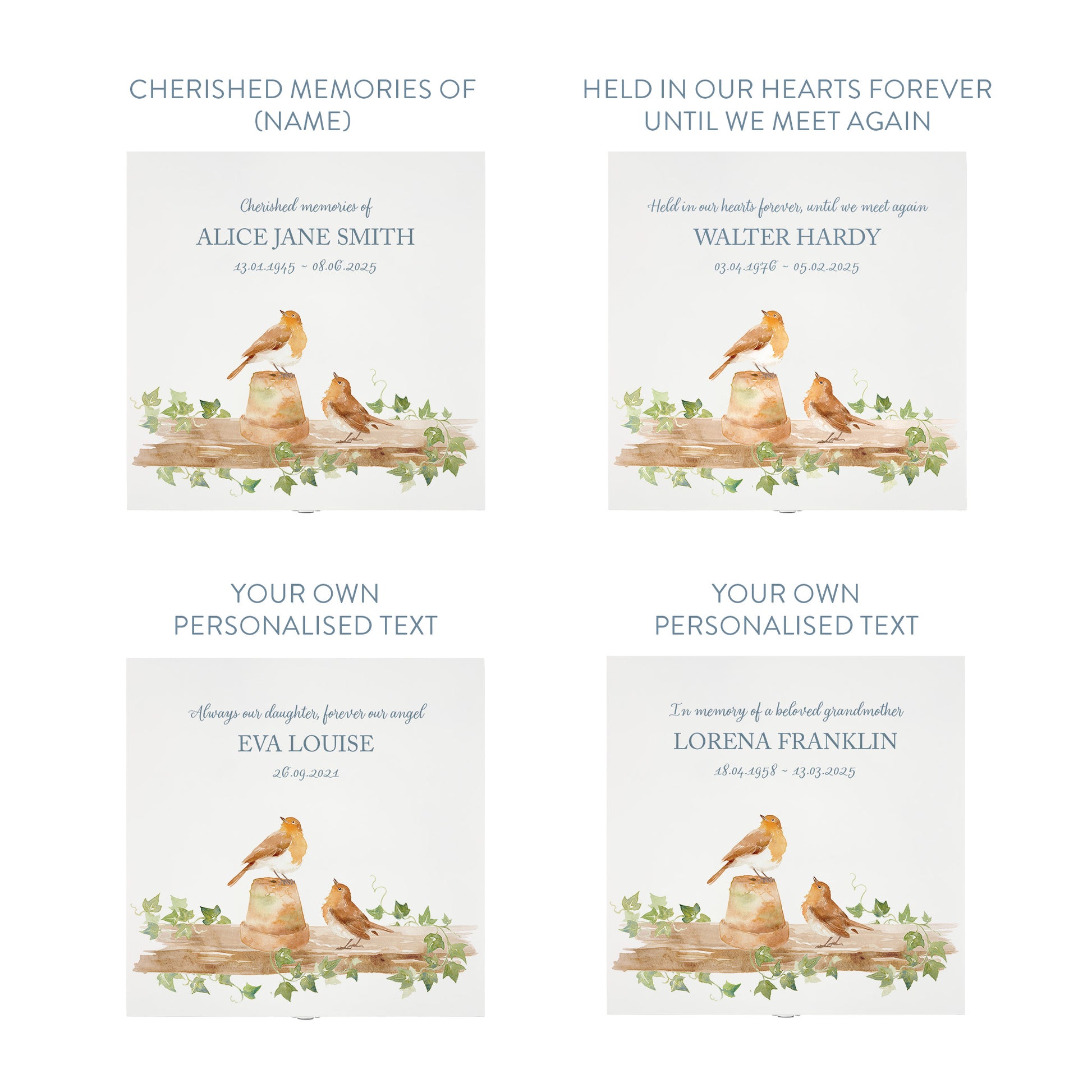 White Square personalised Wooden box with a decorative lid featuring illustrations of 2 Robins sat on a shelf perched on pots Perfect funeral memory keepsake box, for storing ashes, order of service, flowers and capturing your loved ones things in one place.