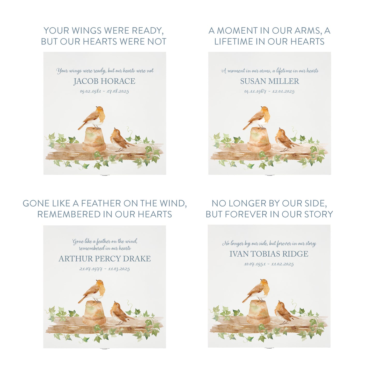 White Square personalised Wooden box with a decorative lid featuring illustrations of 2 Robins sat on a shelf perched on pots Perfect funeral memory keepsake box, for storing ashes, order of service, flowers and capturing your loved ones things in one place.