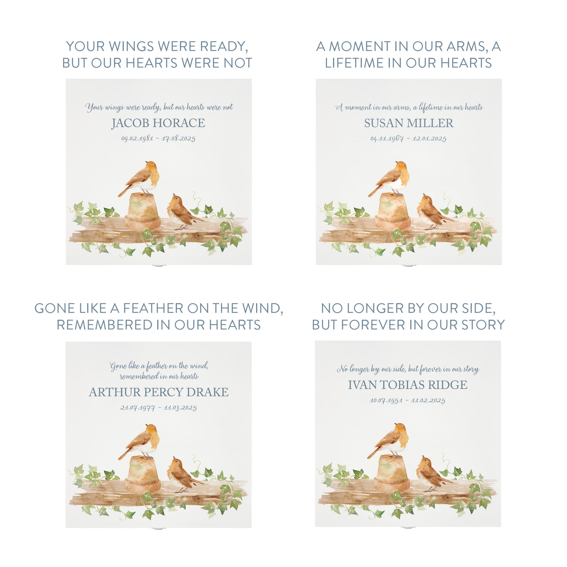 White Square personalised Wooden box with a decorative lid featuring illustrations of 2 Robins sat on a shelf perched on pots Perfect funeral memory keepsake box, for storing ashes, order of service, flowers and capturing your loved ones things in one place.