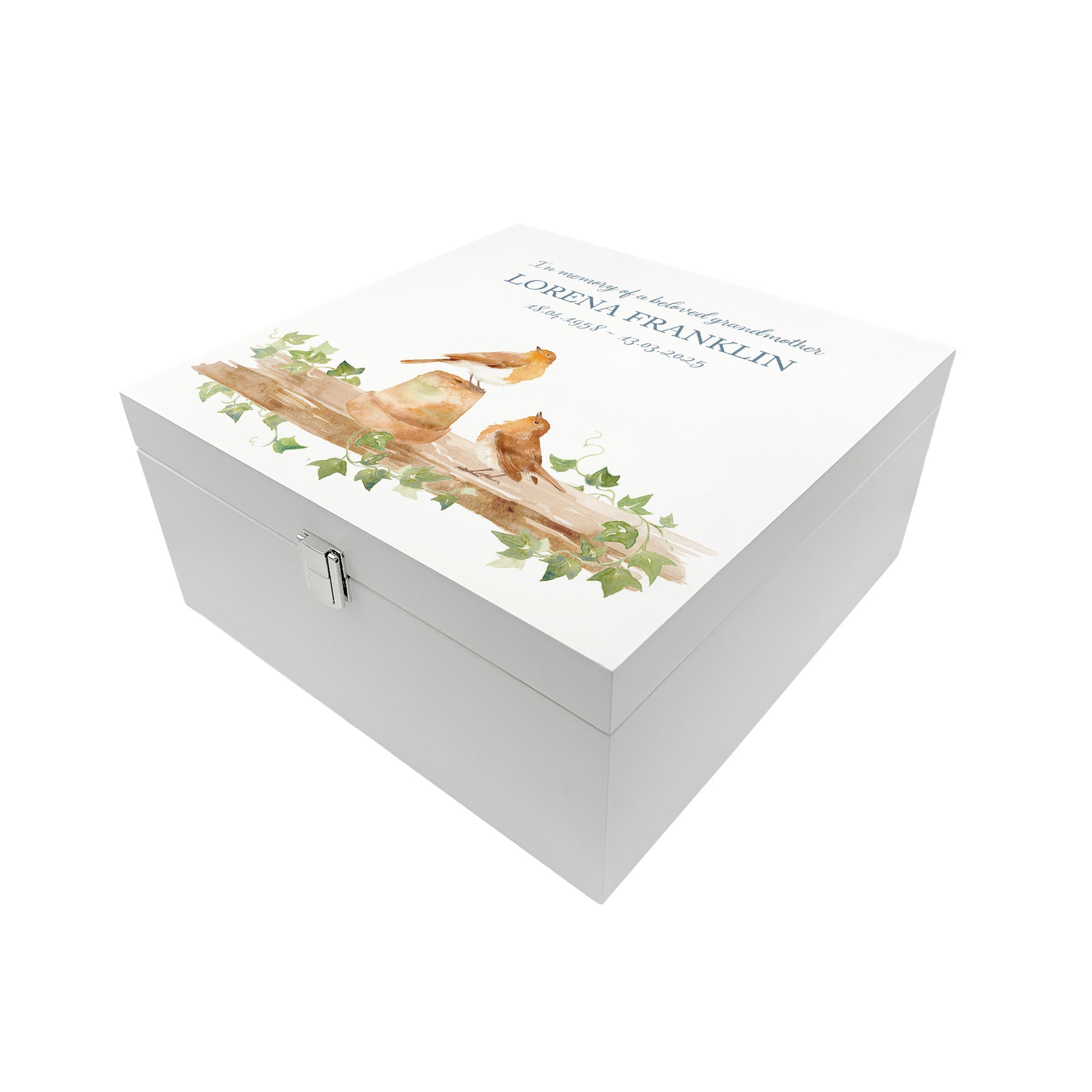 White Square personalised Wooden box with a decorative lid featuring illustrations of 2 Robins sat on a shelf perched on pots Perfect funeral memory keepsake box, for storing ashes, order of service, flowers and capturing your loved ones things in one place.