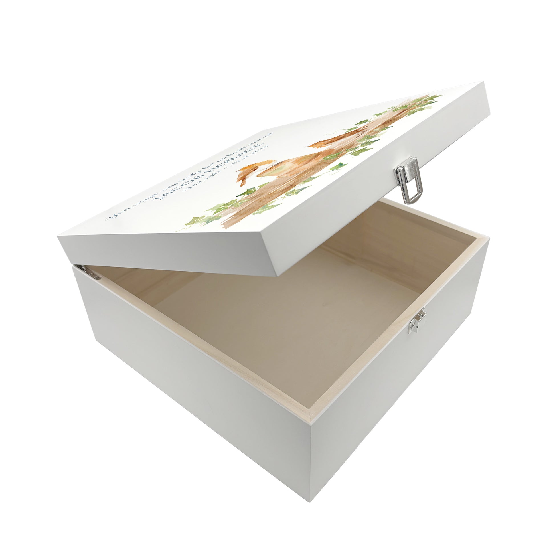 White Square personalised Wooden box with a decorative lid featuring illustrations of 2 Robins sat on a shelf perched on pots Perfect funeral memory keepsake box, for storing ashes, order of service, flowers and capturing your loved ones things in one place.