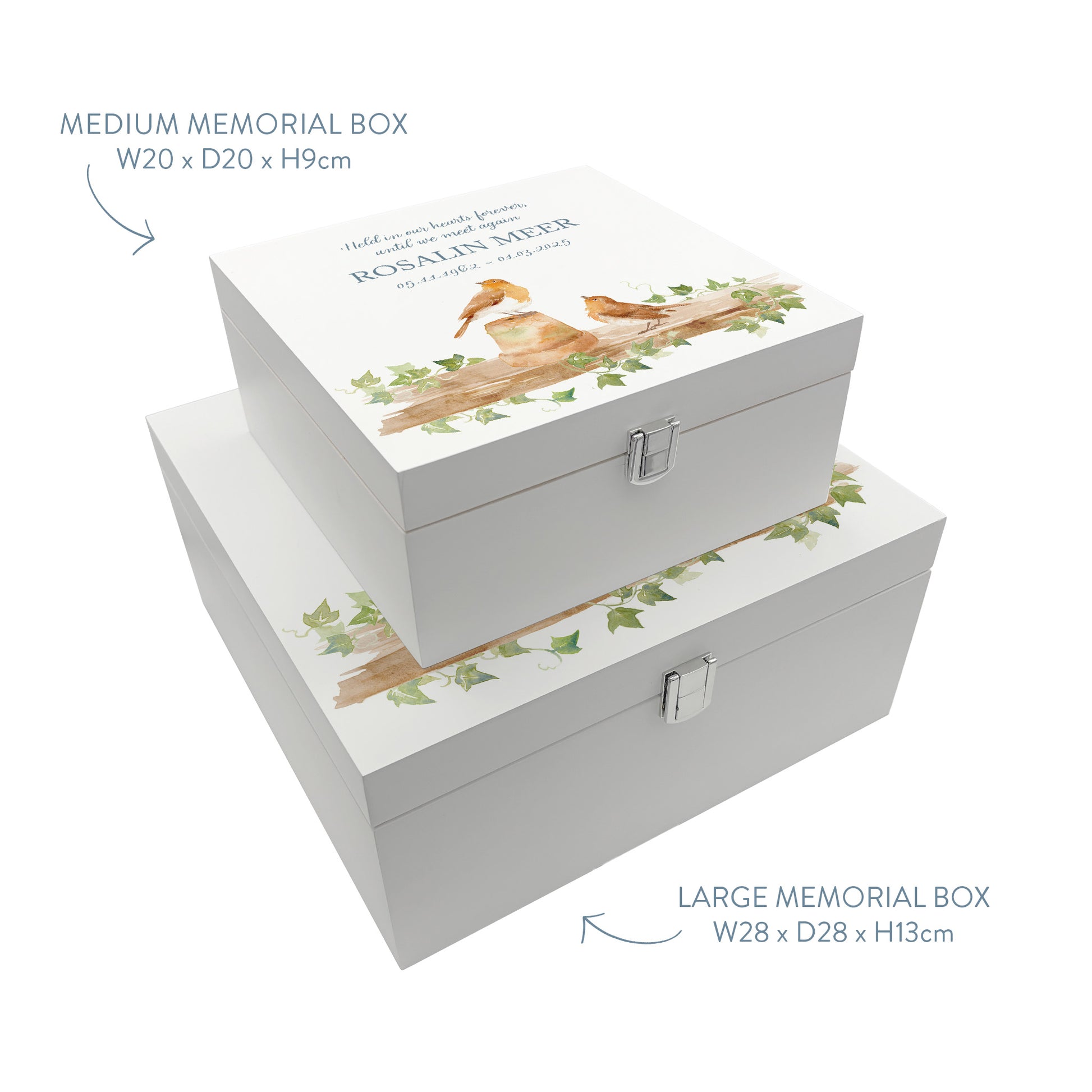 White Square personalised Wooden box with a decorative lid featuring illustrations of 2 Robins sat on a shelf perched on pots Perfect funeral memory keepsake box, for storing ashes, order of service, flowers and capturing your loved ones things in one place.