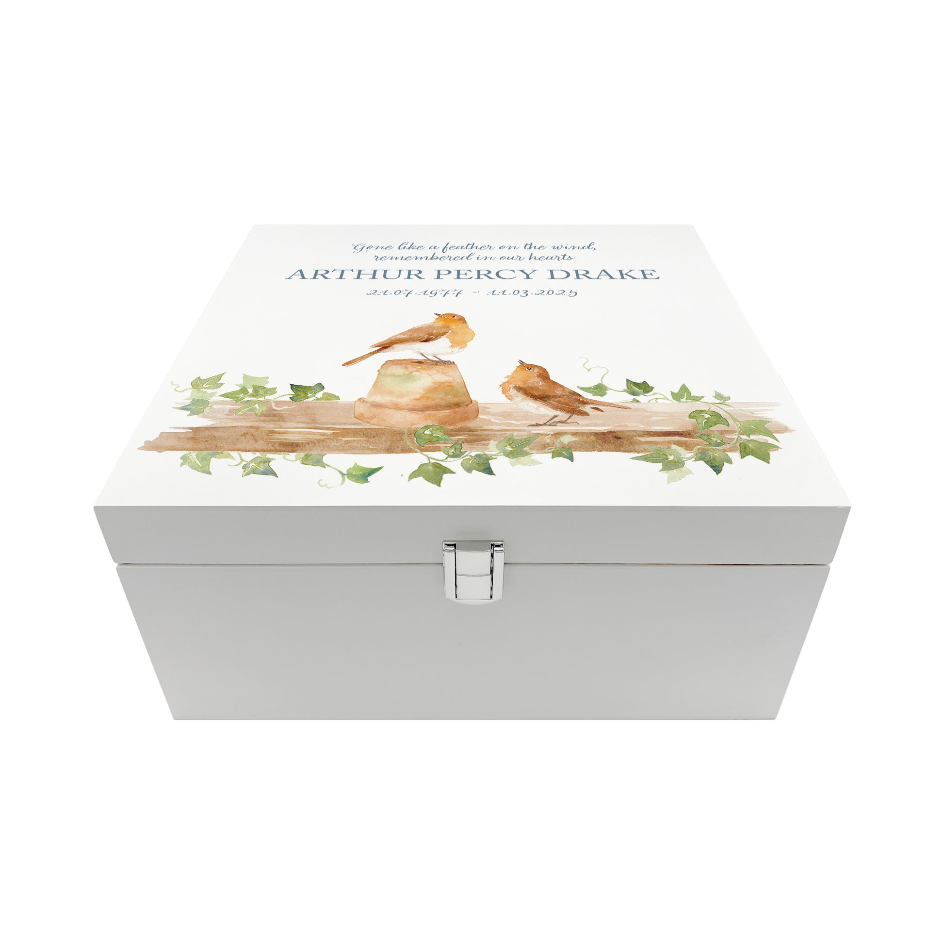 White Square personalised Wooden box with a decorative lid featuring illustrations of 2 Robins sat on a shelf perched on pots Perfect funeral memory keepsake box, for storing ashes, order of service, flowers and capturing your loved ones things in one place.