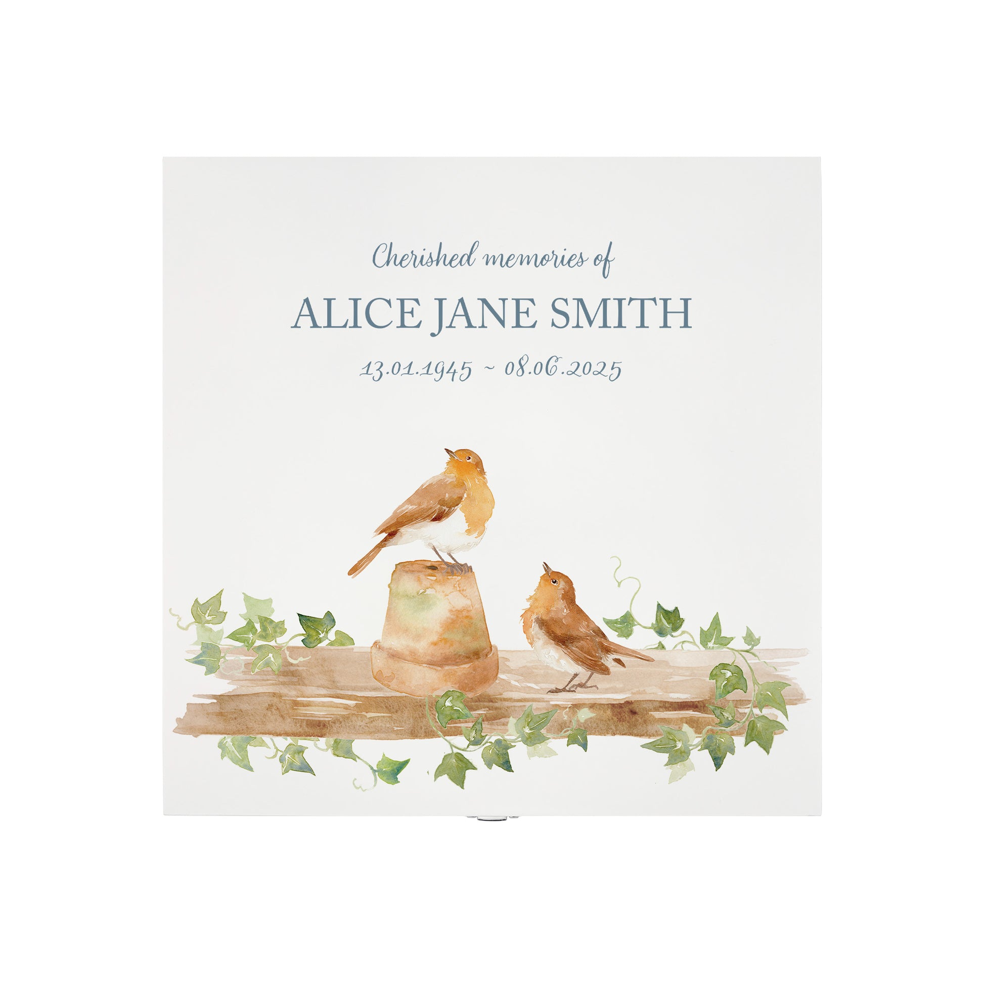 White Square personalised Wooden box with a decorative lid featuring illustrations of 2 Robins sat on a shelf perched on pots Perfect funeral memory keepsake box, for storing ashes, order of service, flowers and capturing your loved ones things in one place.