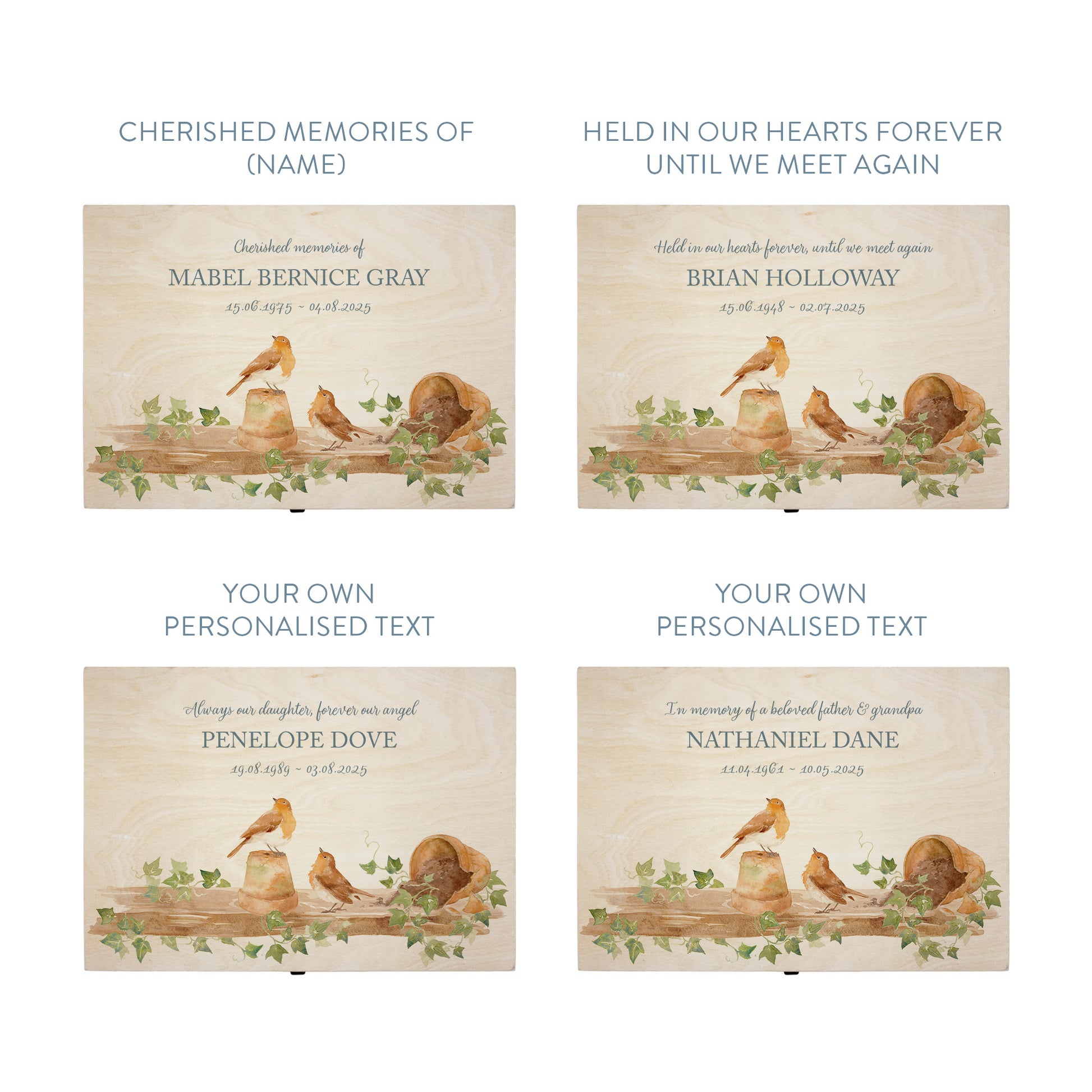 Wooden box with a decorative lid featuring animal illustrations on a wooden background. Perfect funeral memory keepsake box, for storing ashes, order of service, flowers, pictures.