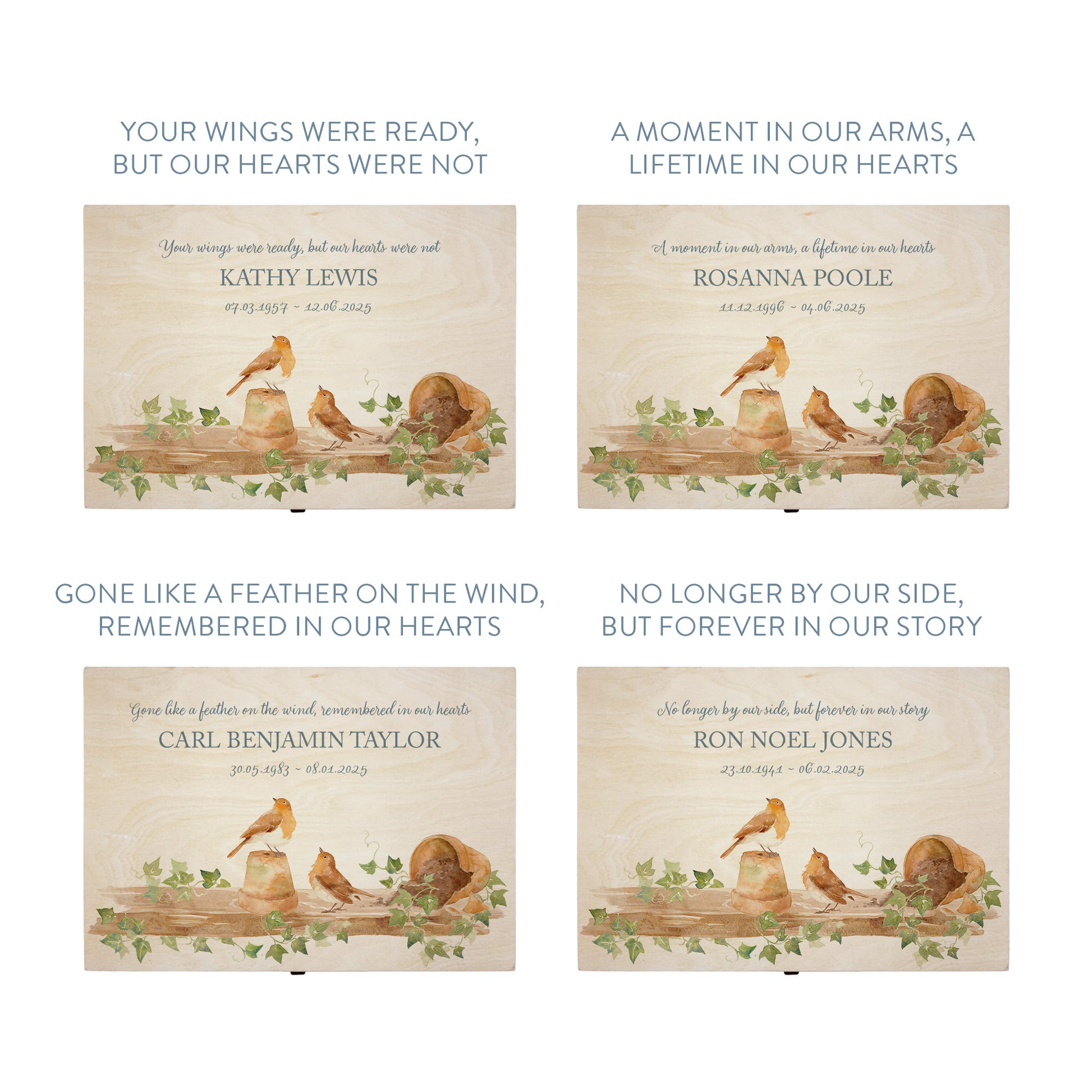 Wooden box with a decorative lid featuring animal illustrations on a wooden background. Perfect funeral memory keepsake box, for storing ashes, order of service, flowers, pictures.