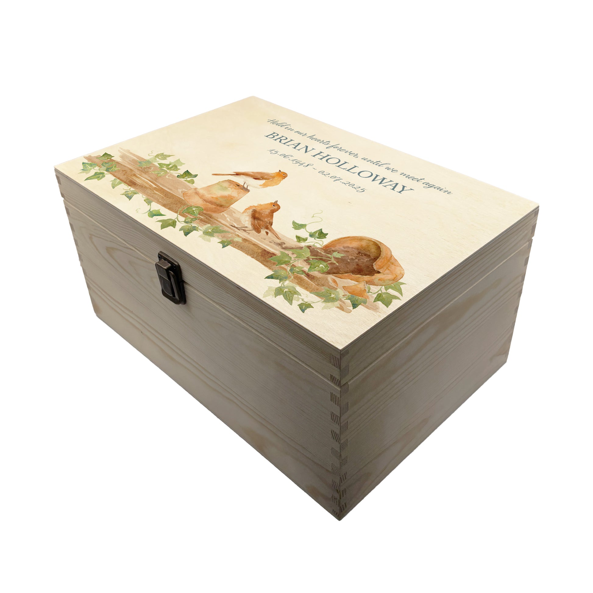 Wooden box with a decorative lid featuring animal illustrations on a wooden background. Perfect funeral memory keepsake box, for storing ashes, order of service, flowers, pictures.