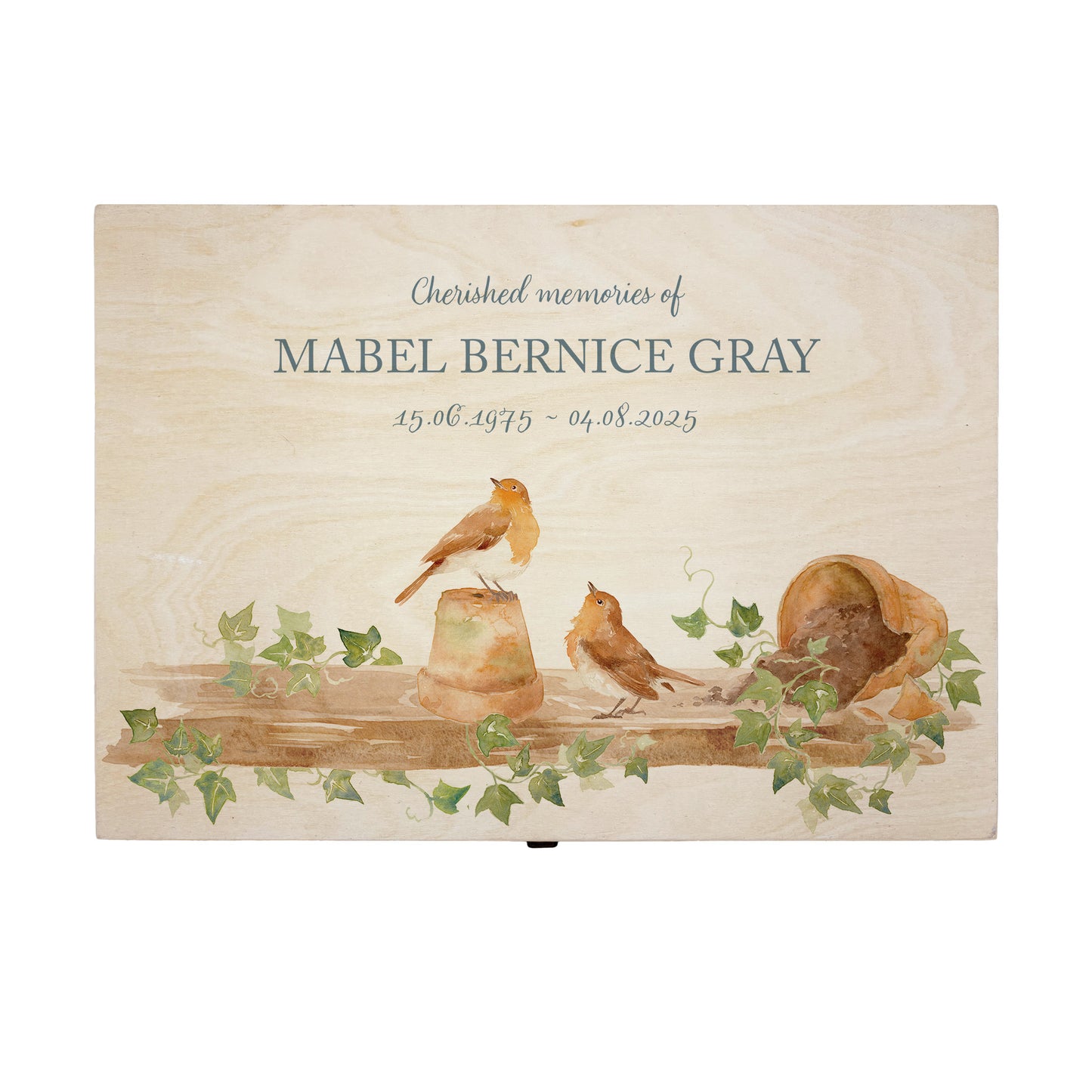 Wooden box with a decorative lid featuring animal illustrations on a wooden background. Perfect funeral memory keepsake box, for storing ashes, order of service, flowers, pictures.