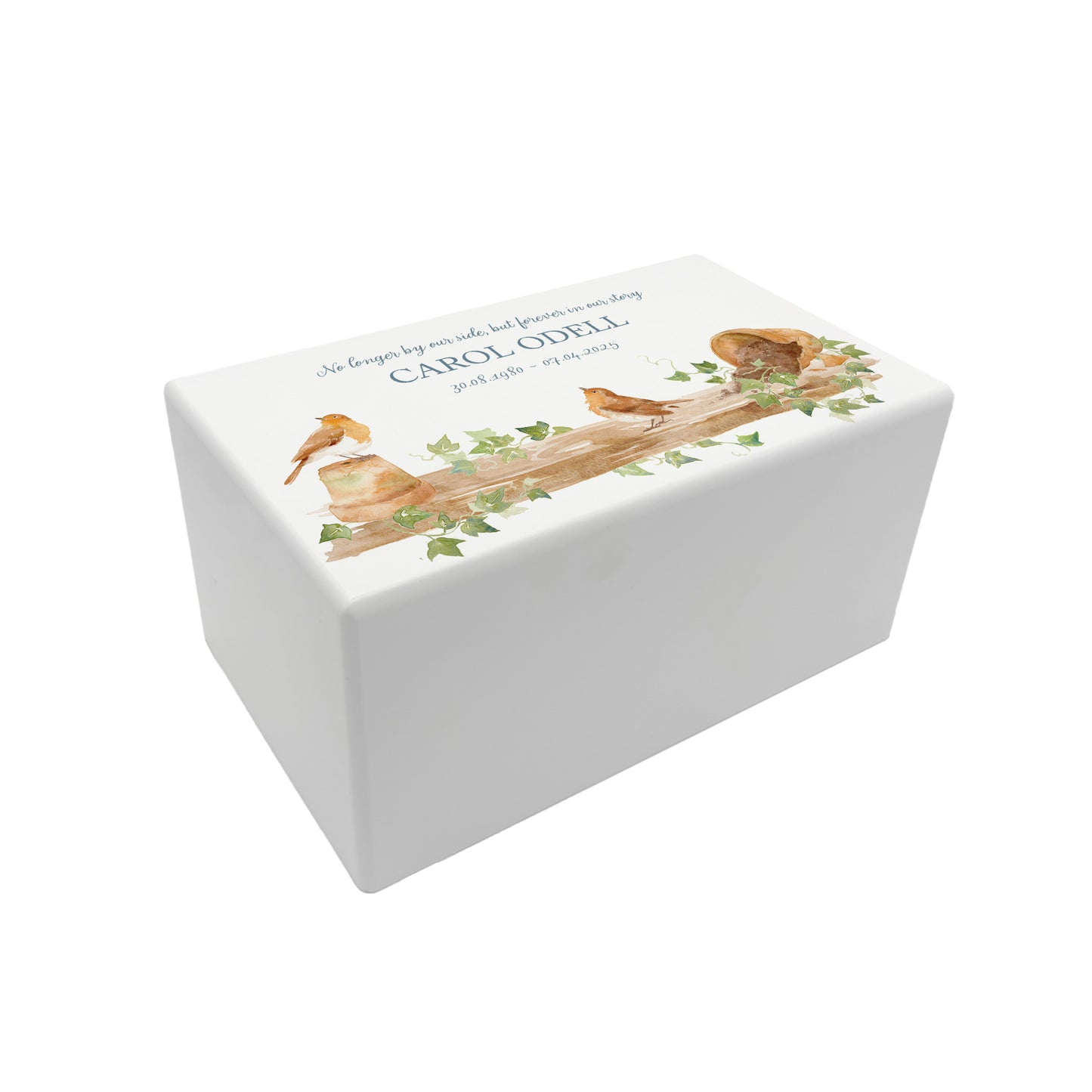 Luxury solid wooden white painted Urn with Robins sat on a shelf on pots, a watercolour illustration, our urns and Caskets for displaying or burying ashes. Customisable and can be personalised. Perfect funeral memory keepsake urn, for storing ashes for humans and pets.