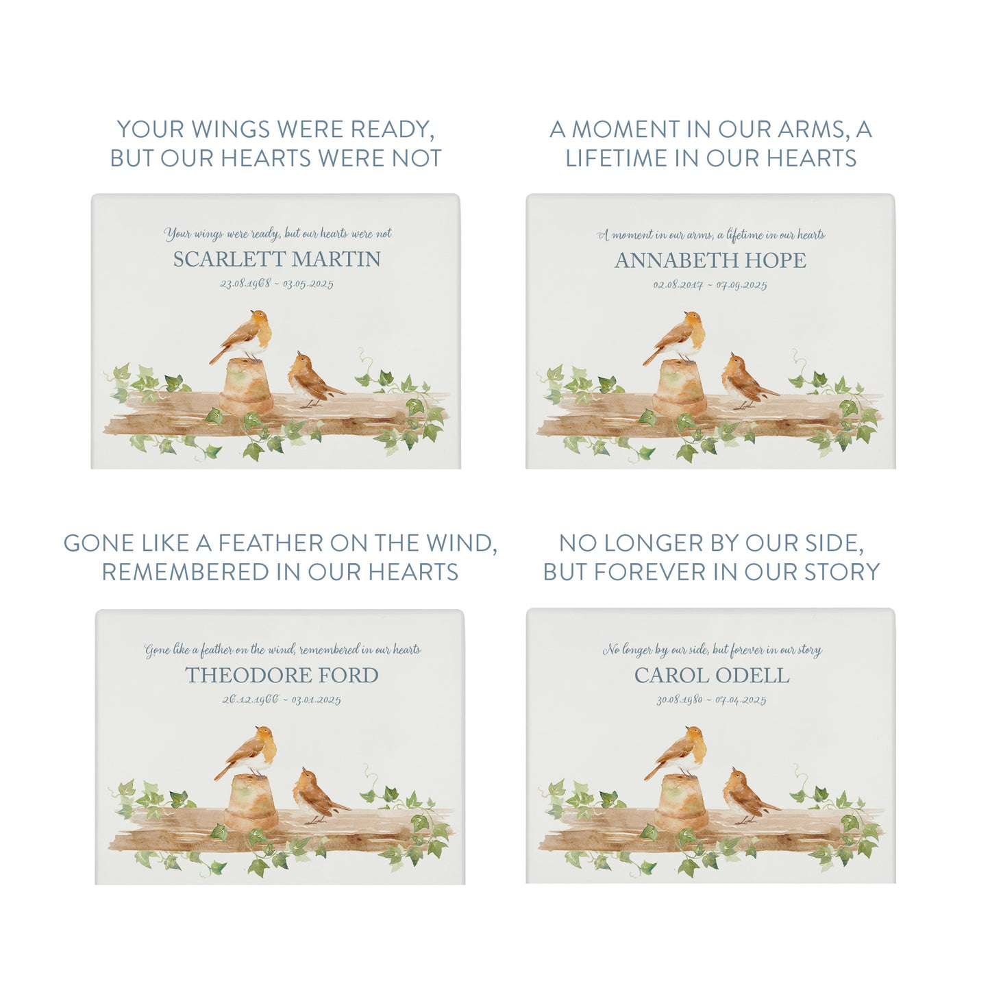 Luxury solid wooden white painted Robin sat on shelf sitting a pot watercolour illustration our urns and Caskets for displaying or burying ashes. Customisable and can be personalised. Perfect funeral memory keepsake urn, for storing ashes for humans and pets.