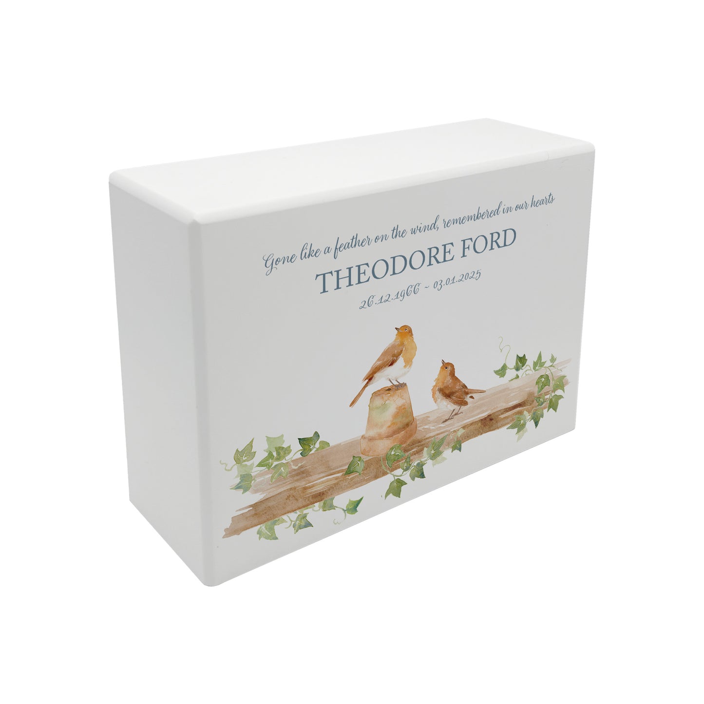 Luxury solid wooden white painted Robin sat on shelf sitting a pot watercolour illustration our urns and Caskets for displaying or burying ashes. Customisable and can be personalised. Perfect funeral memory keepsake urn, for storing ashes for humans and pets.