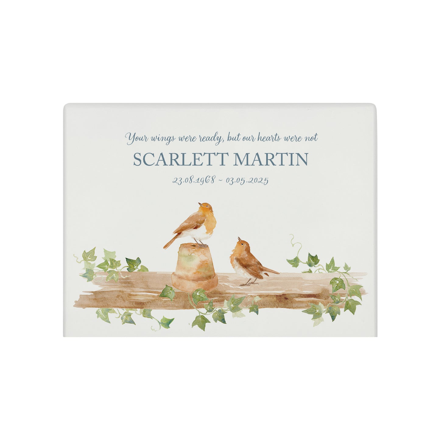 Luxury solid wooden white painted Robin sat on shelf sitting a pot watercolour illustration our urns and Caskets for displaying or burying ashes. Customisable and can be personalised. Perfect funeral memory keepsake urn, for storing ashes for humans and pets.