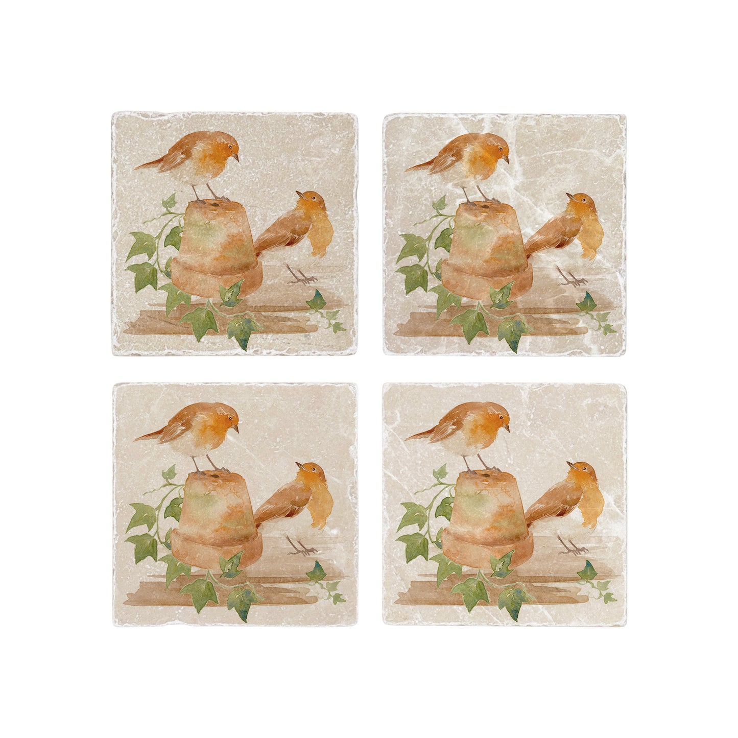 A set of 4 handmade cream marble coasters, featuring a watercolour design of robins sitting on a plant pot.