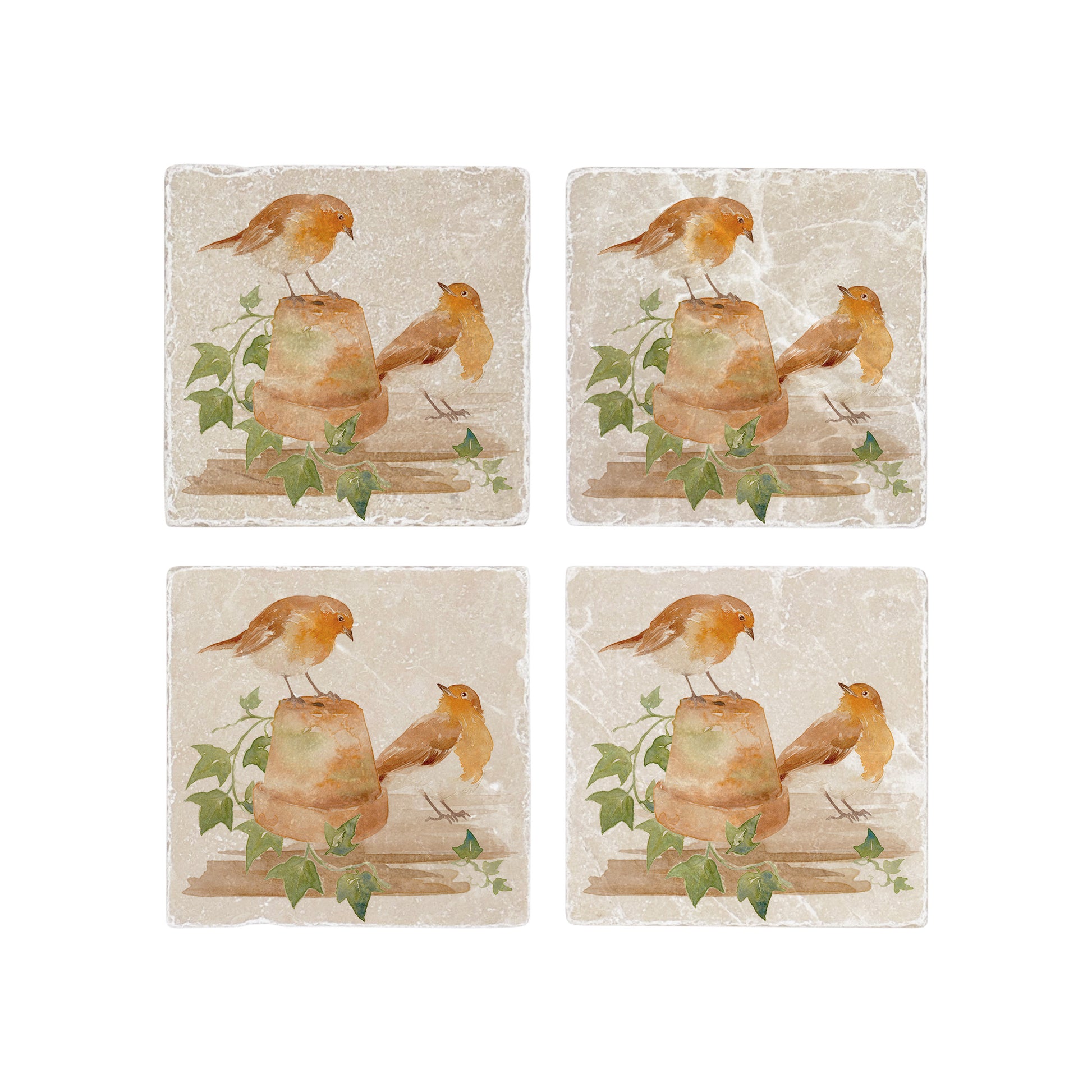 A set of 4 handmade cream marble coasters, featuring a watercolour design of robins sitting on a plant pot.