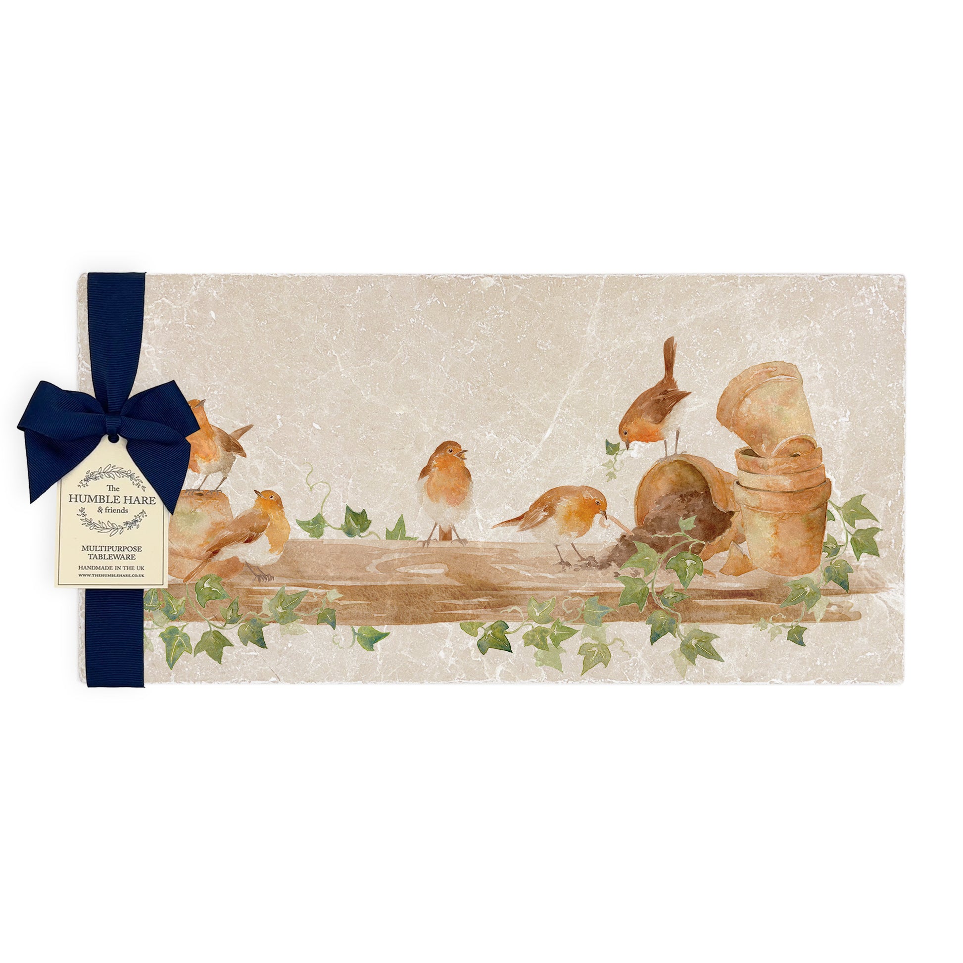 A multipurpose marble sharing platter with a watercolour robin design, packaged with a luxurious dark blue bow and branded gift tag.