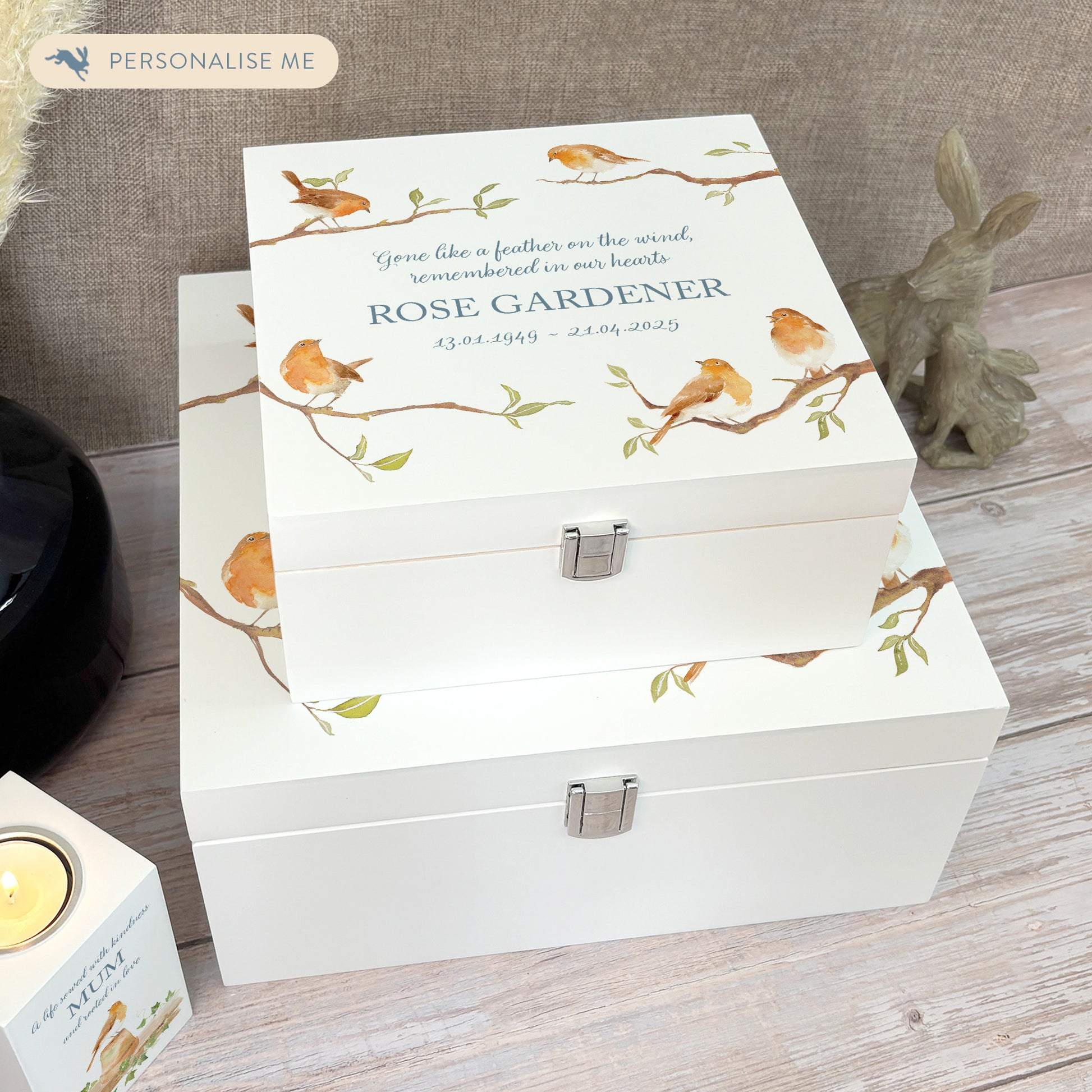 White Square personalised Wooden box with a decorative lid featuring illustrations of Robins on Branches,  Perfect funeral memory keepsake box, for storing ashes, order of service, flowers and capturing your loved ones things in one place