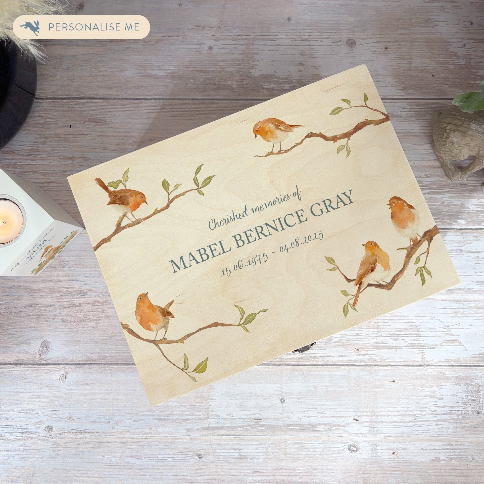 Wooden box with a decorative lid featuring illustrations of Robins on Branches Perfect funeral memory keepsake box, for storing ashes, order of service, flowers.