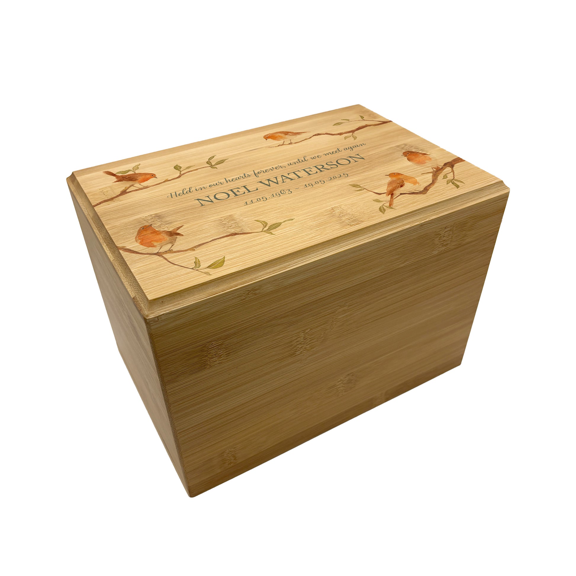 A beautifully crafted solid Bamboo wooden urn, personalised and finished with a soft watercolour design of Robins on branches, when Robins appear a loved one is near. Thoughtfully made for either display or burial, this personalised urn can be customised to create a meaningful memorial. Perfect for holding ashes of a loved one or a beloved pet, it serves as a comforting tribute and keepsake.