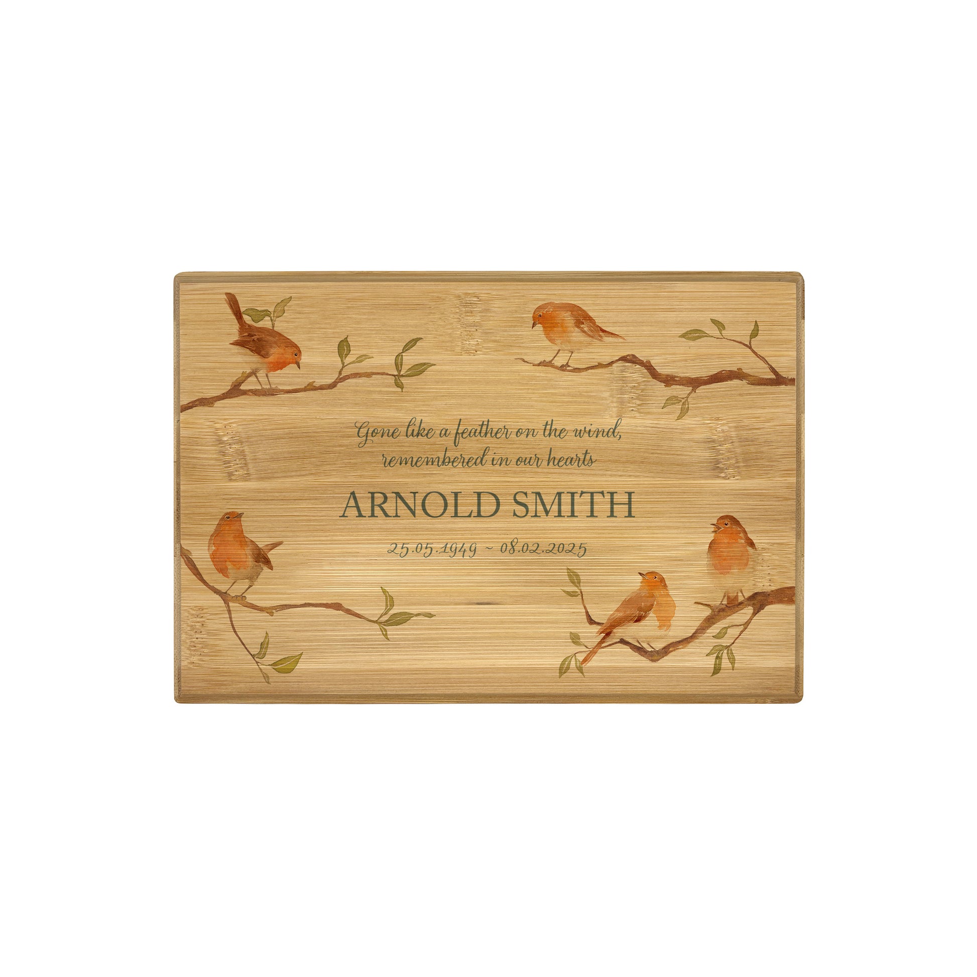 A beautifully crafted solid Bamboo wooden urn, personalised and finished with a soft watercolour design of Robins on branches, when Robins appear a loved one is near. Thoughtfully made for either display or burial, this personalised urn can be customised to create a meaningful memorial. Perfect for holding ashes of a loved one or a beloved pet, it serves as a comforting tribute and keepsake.