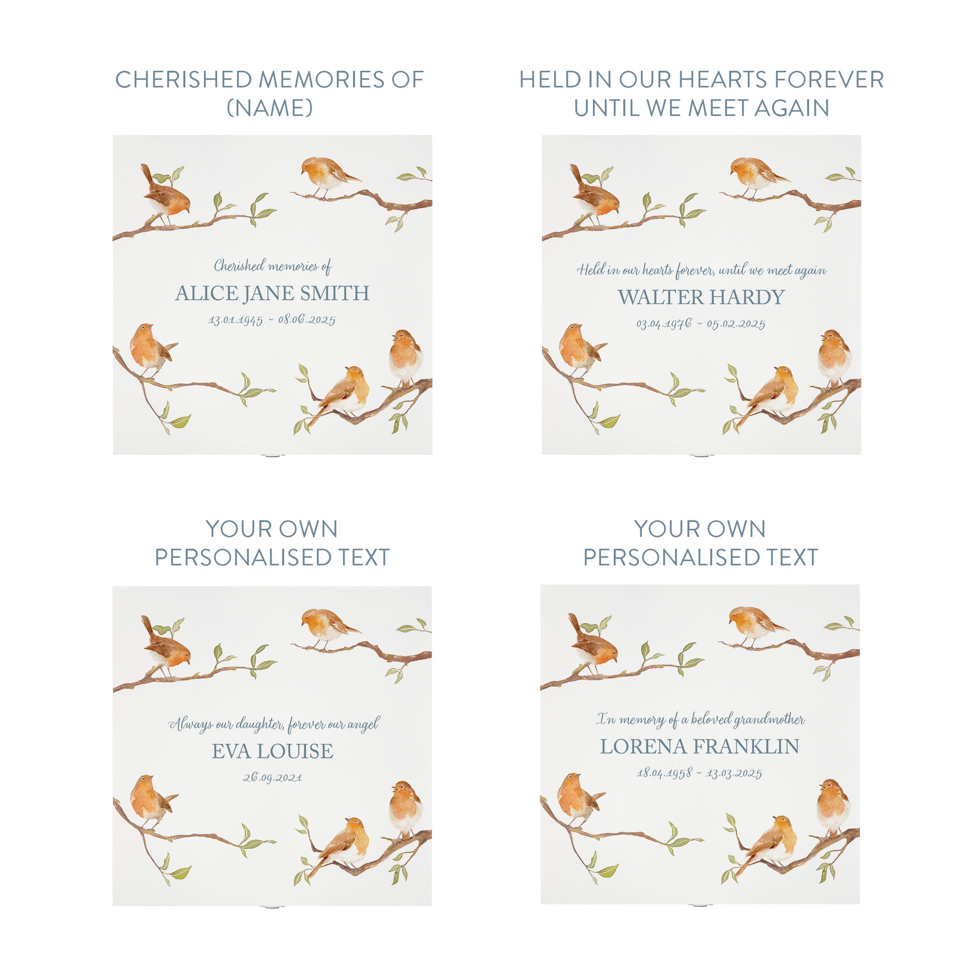 White Square personalised Wooden box with a decorative lid featuring illustrations of Robins on Branches,  Perfect funeral memory keepsake box, for storing ashes, order of service, flowers and capturing your loved ones things in one place