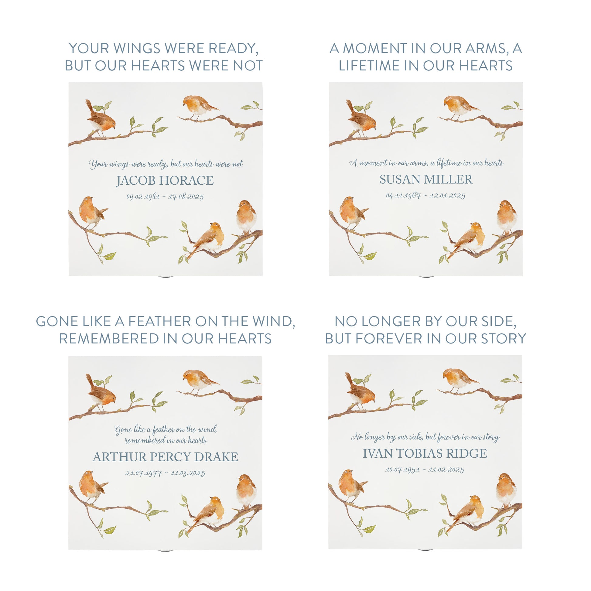 White Square personalised Wooden box with a decorative lid featuring illustrations of Robins on Branches,  Perfect funeral memory keepsake box, for storing ashes, order of service, flowers and capturing your loved ones things in one place