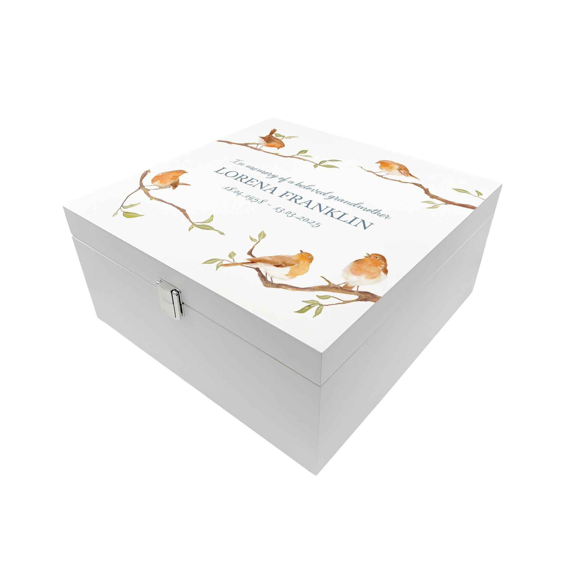 White Square personalised Wooden box with a decorative lid featuring illustrations of Robins on Branches,  Perfect funeral memory keepsake box, for storing ashes, order of service, flowers and capturing your loved ones things in one place