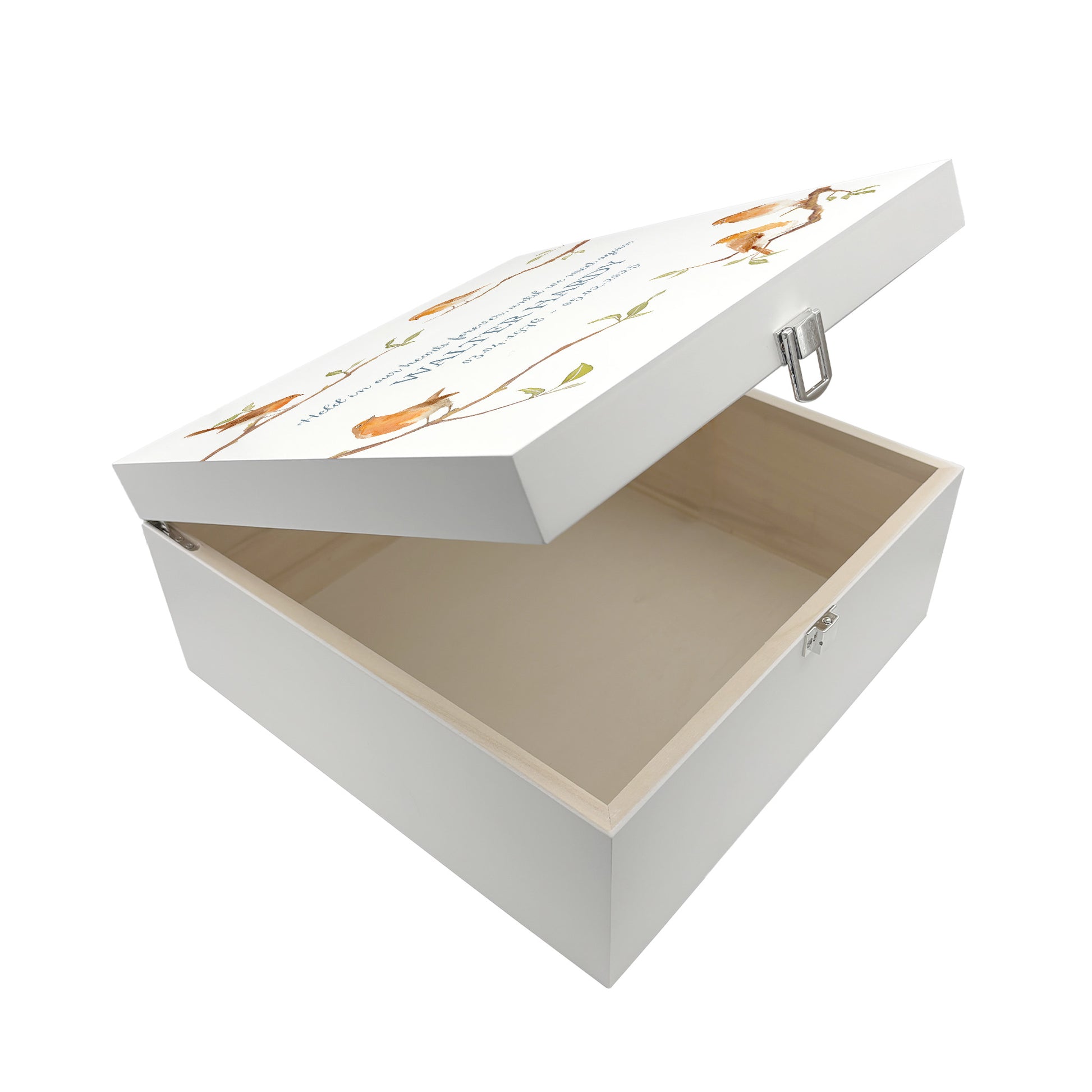 White Square personalised Wooden box with a decorative lid featuring illustrations of Robins on Branches,  Perfect funeral memory keepsake box, for storing ashes, order of service, flowers and capturing your loved ones things in one place